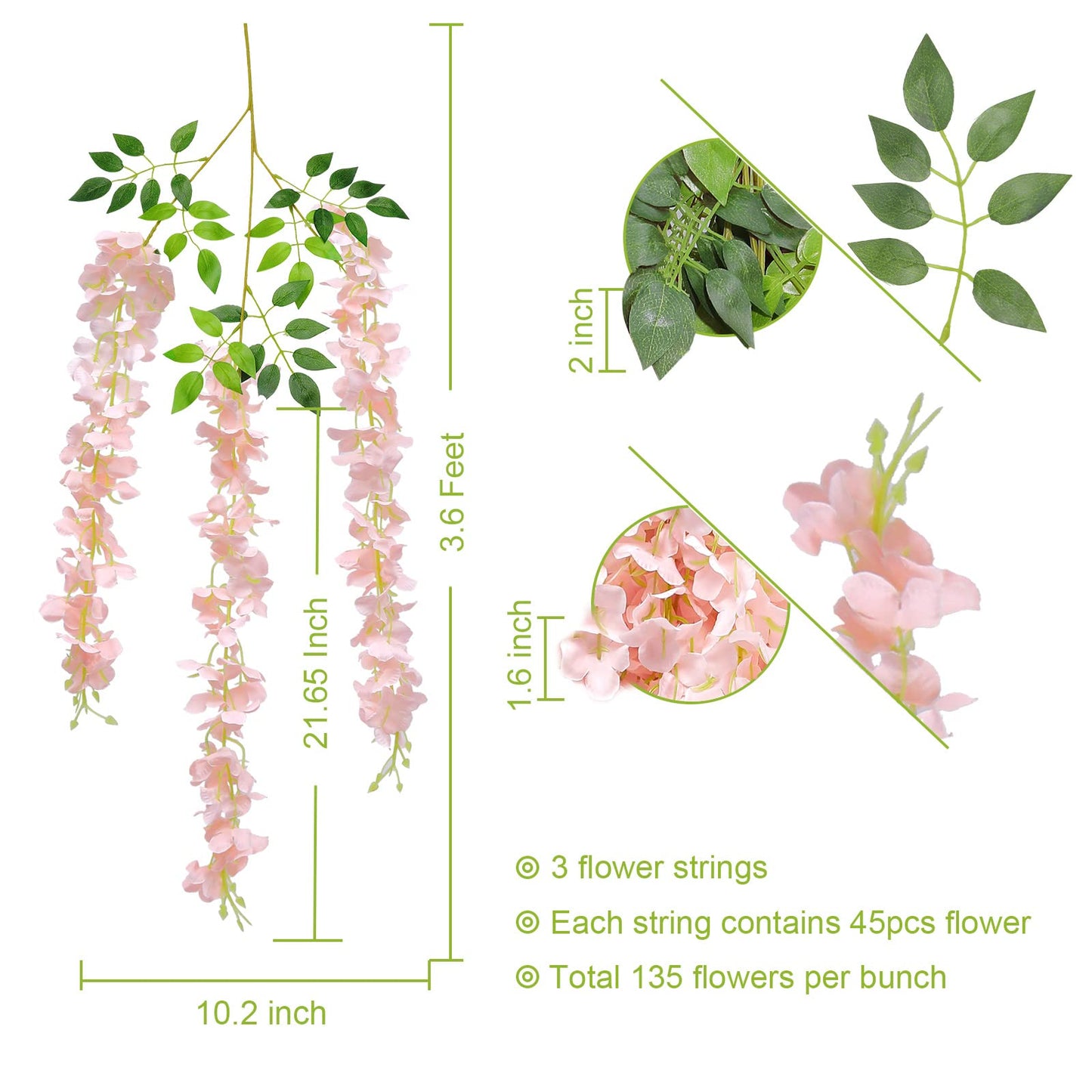 U'Artlines 24 Pack(Total 43.2 Feet) Artificial Fake Wisteria Vine Rattan Hanging Garland Silk Flowers String Home Party Wedding Decor (24, Light Pink)