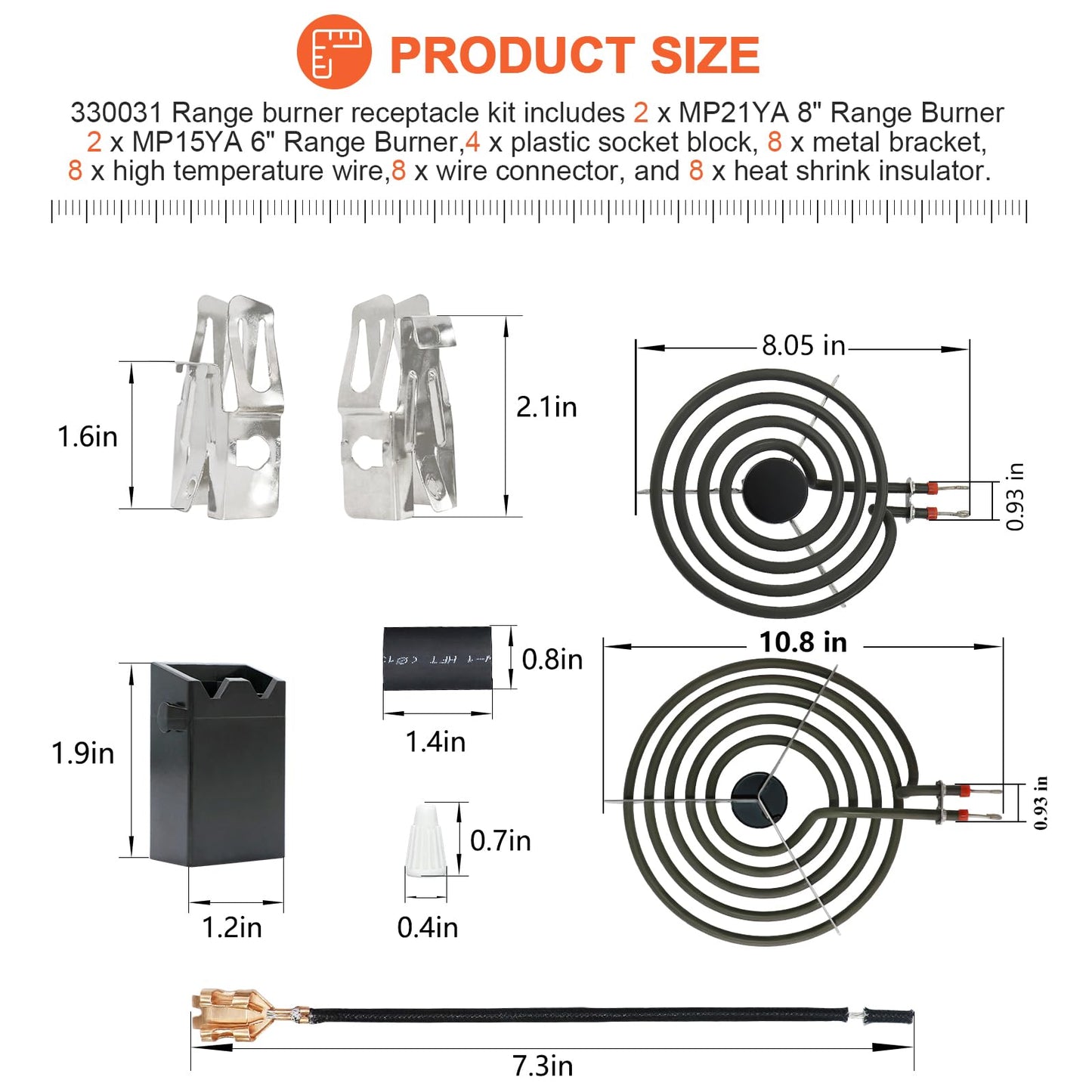 【2026 UPGRADED】MP22YA Electric Range Burner Element Unit Set(2 pcs MP15YA 6" & 2 pcs MP21YA 8") with 4 Pack 330031 Surface Element Receptacle Kit for Whirlpool Ken-more Ranges/Stoves by Beaquicy