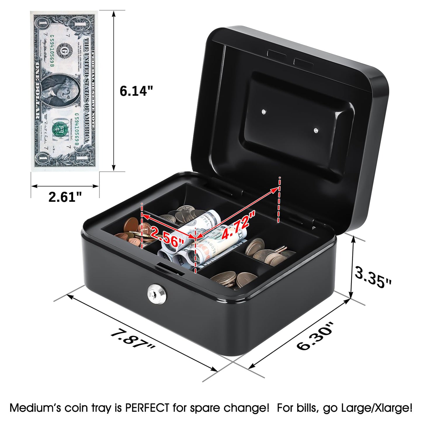 KYODOLED Metal Cash Box with Key Lock & Money Tray - Secure Safe for Home, Office & Events, Ideal for Cash, Meds & Small Items, 7.87" x 6.30" x 3.35", Black, 4 Pack