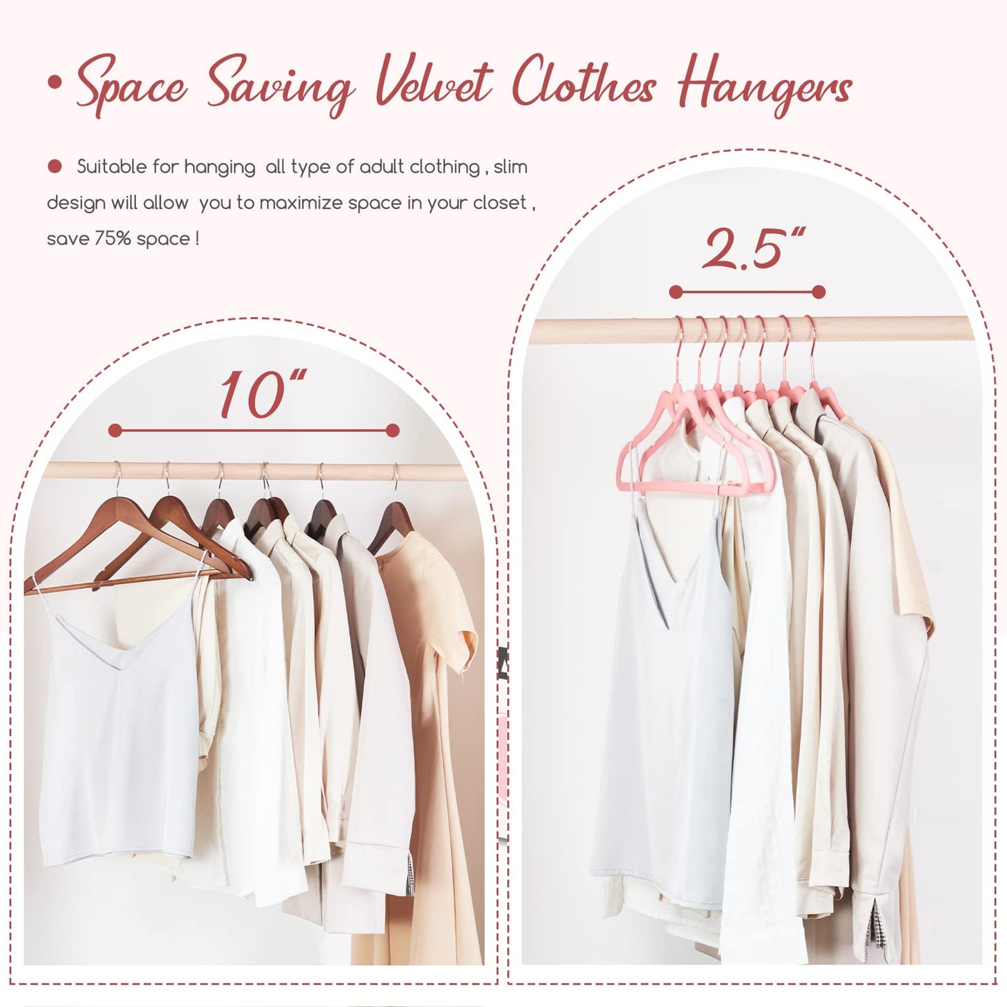 HOUSE DAY Pink Velvet Hangers 60 Pack, Non Slip Flocked Felt Hangers, Sturdy Velvet Clothes Hanger, Cute Heart Heavy Duty Coat Hanger, Ultra Slim Pink for Closet Space Saving