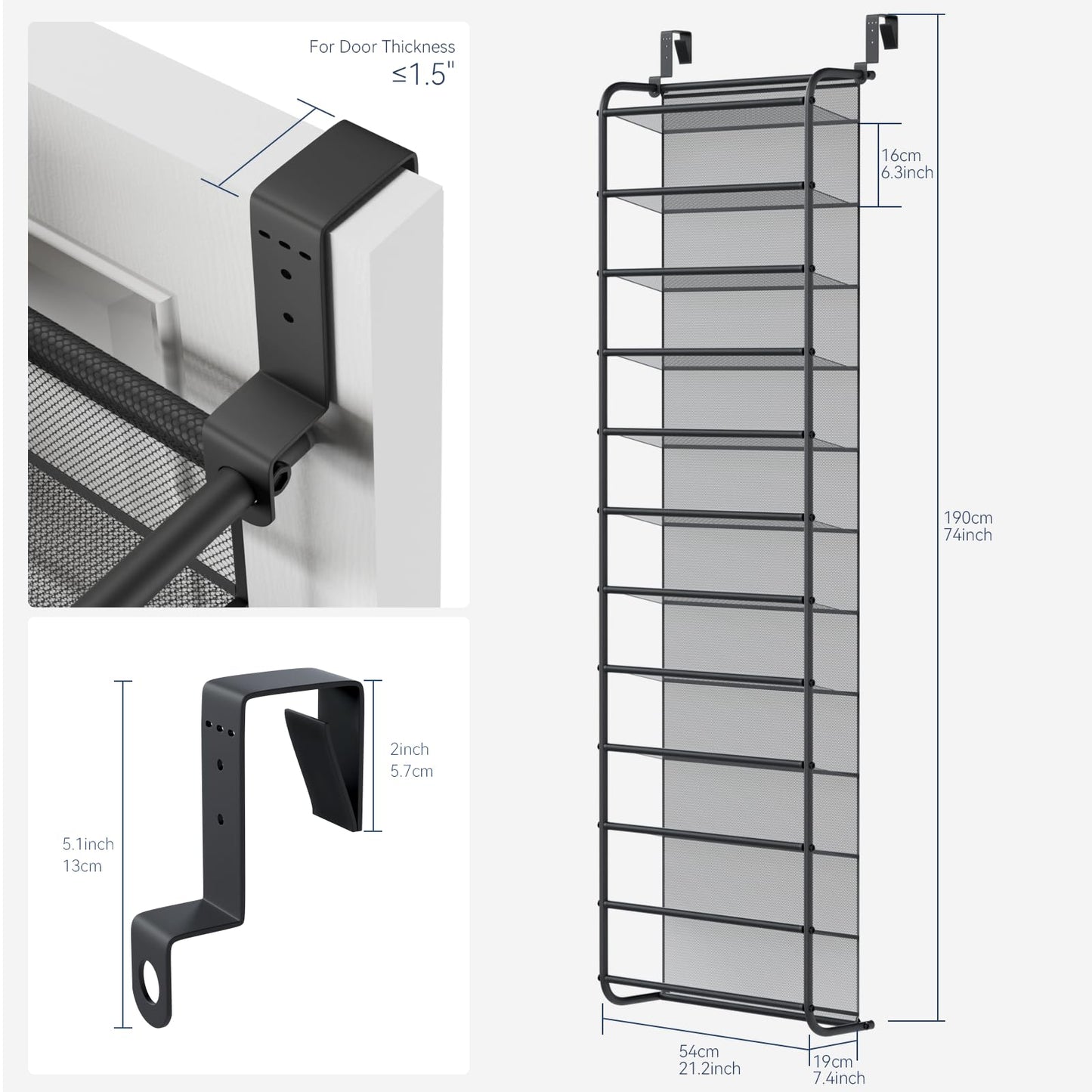 Whitmor 36 Pair Over The Door Shoe Organizer, 12 Tier Hanging Shoe Organizer, Heavy Duty Metal & Mesh Shoe Holder, Hanging Shoe Rack for Closet Organizer, 74" L x 21.7" W x 7.5" H, Matt Gunmetal