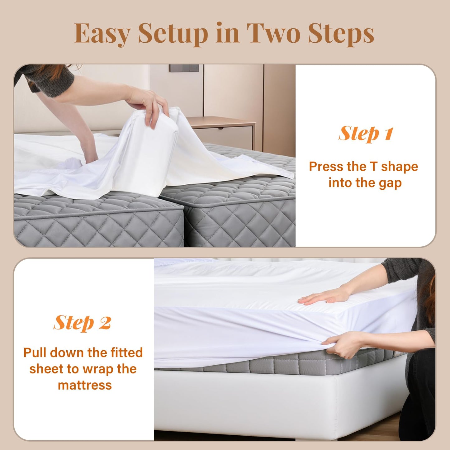 Vekkia 2-in-1 Split King Gap Filler with Built-in Fitted Sheet, Twin to King Converter, Bed Bridge with Washable Cover, Fits Guest Rooms, Hotels & Vacation Rentals, 75"x75"