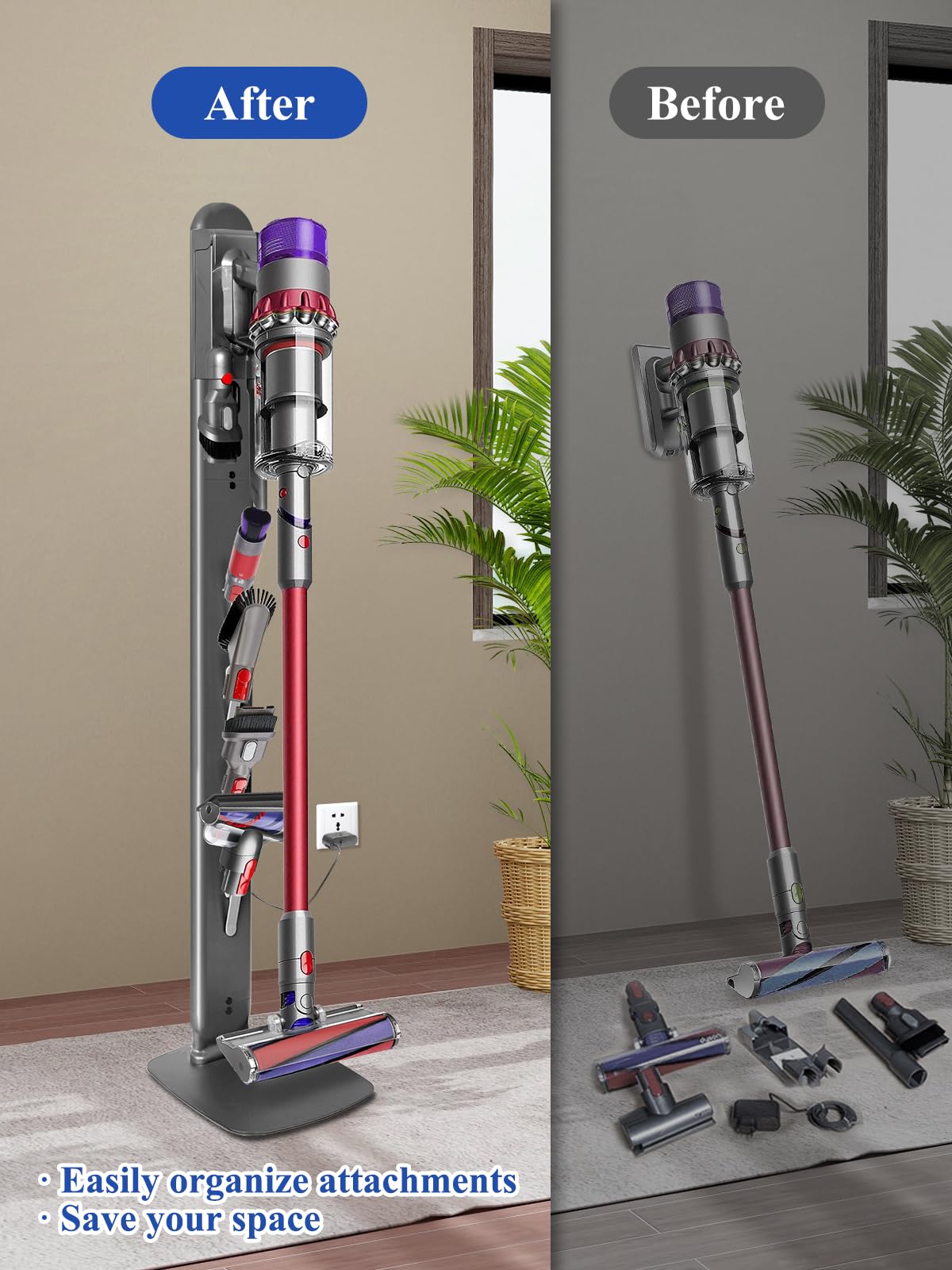 boailydi Sturdy Metal Vacuum Stand for Dyson Gen5 V15 V12 V11 V10 V8 V7 V6 , Freestanding Standing Holder w/Hidden Cable Design & 4 Hooks, Space-Saving Storage Rack for Cordless Vacuums, Deep Gray