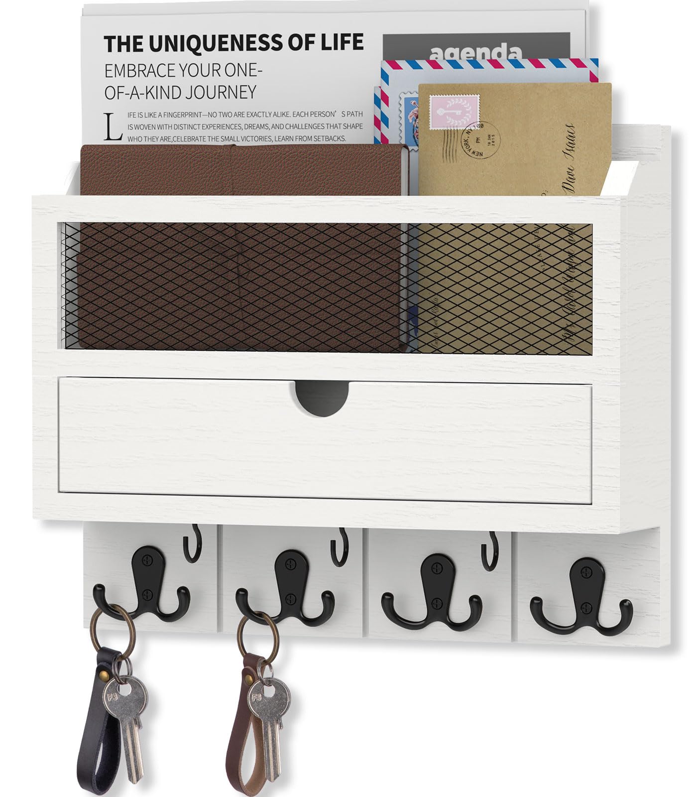 Nekon Mail Organizer with Drawer for Wall, 12"W x 10"H x 3.1"D Mail Sorter Wall Mounted, Wooden Key Holder Wall File Organizer Letter Sorter for Letter Magazines (White)