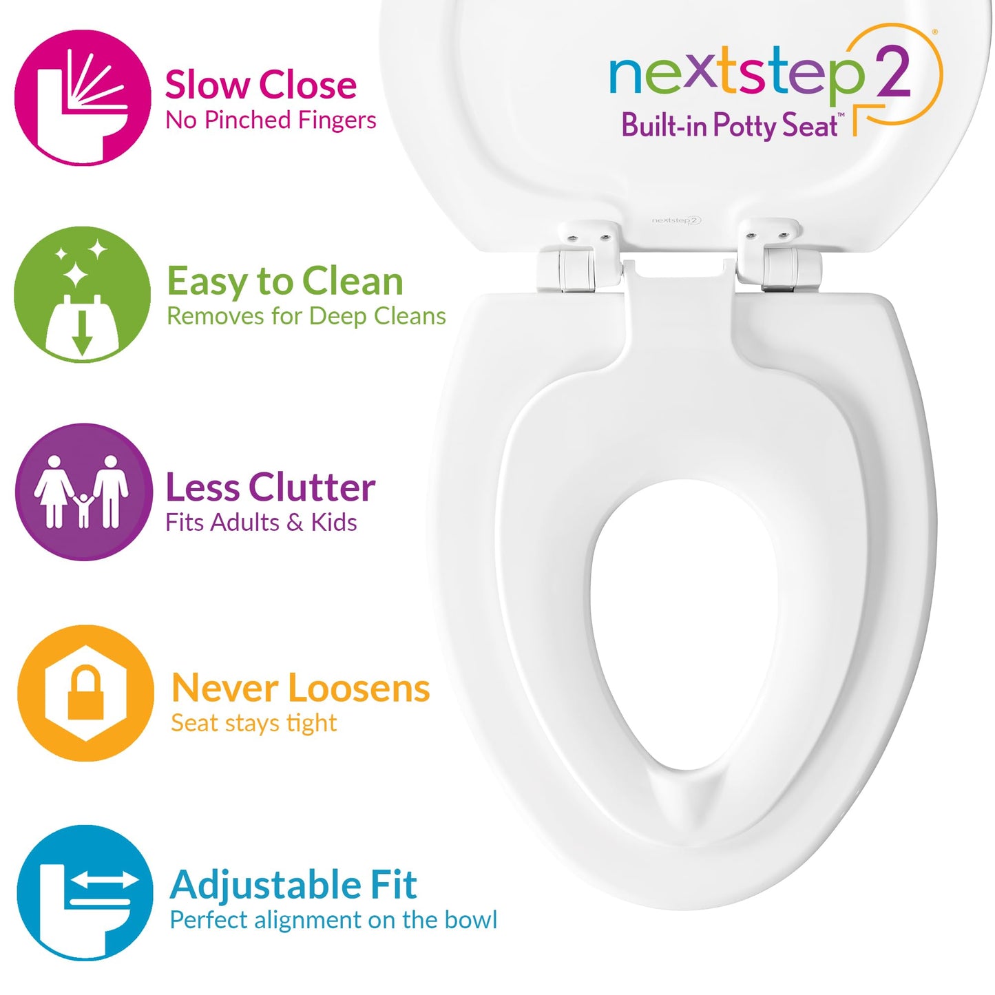 Mayfair NextStep2 Toilet Seat with Built-In Potty Training Seat, Slow-Close, Removable that will Never Loosen, Round, White