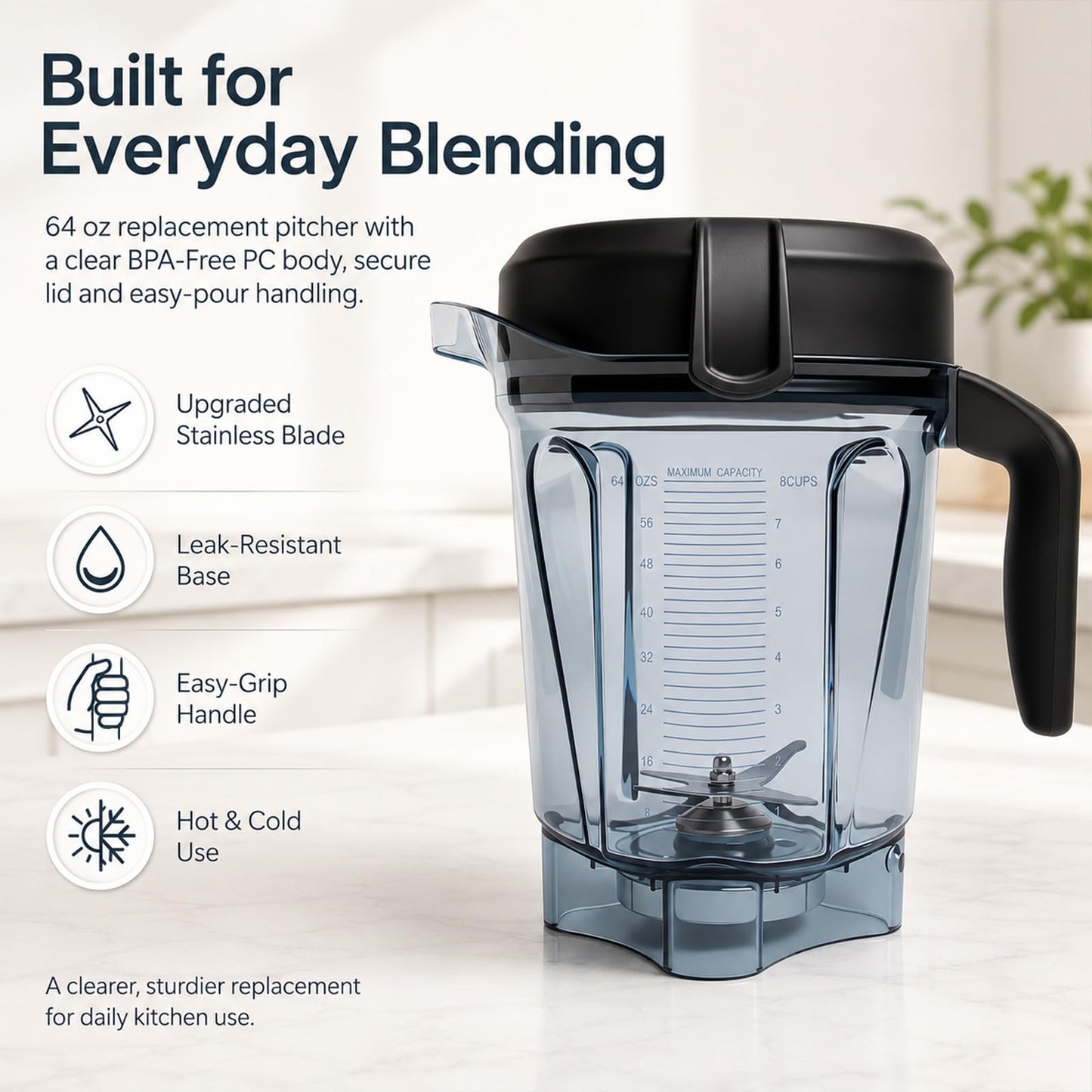 64oz Low-Profile Blender Pitcher Compatible with Vitamix 5200/7500/5000/6300/750/E310/VM0102/VM0103/VM0197- BPA-Free Container Jar Cup for Classic & Explorian Series Etc