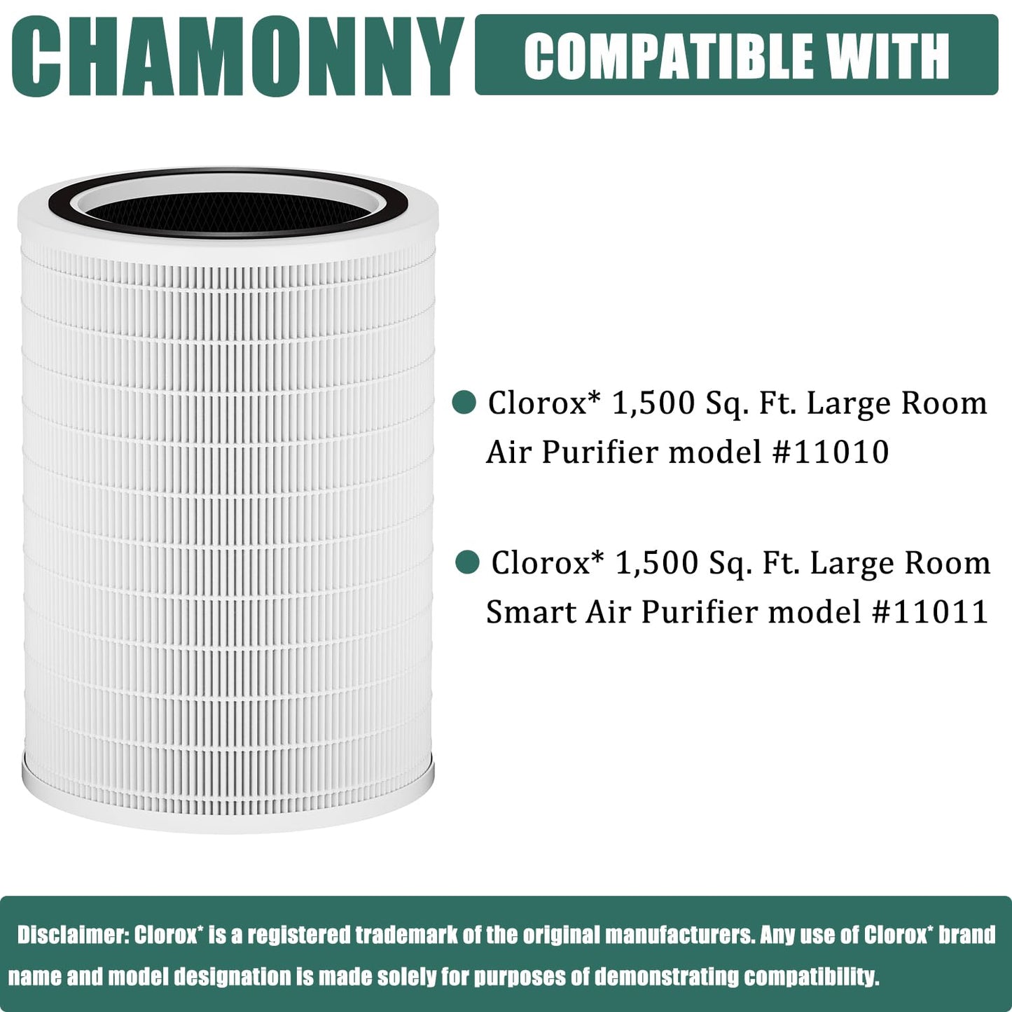 CHAMONNY 12010 Filter Replacement, Compatible with Clorox Large Room Air Purifier 11010 & 11011, 1,500 Sq. Ft. Capacity (12010 Filter)