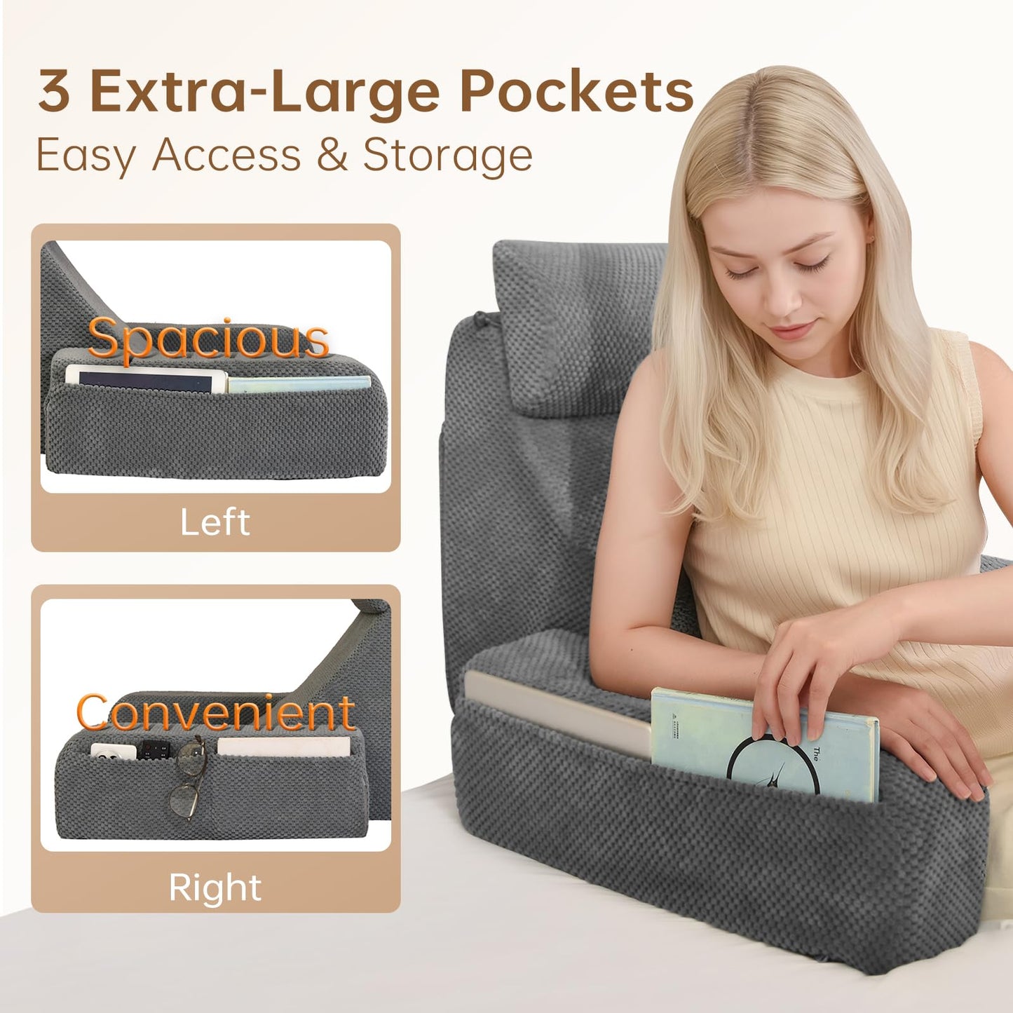 Vekkia Reading Pillow,Back Pillow for Bed Sitting Up Adult,Backrest Support Pillow with Build-in Arms & XL Pockets,Rest Chair for Reading,Gaming,Relaxing,Working or Watching TV in Bed/Floor-19'' Grey