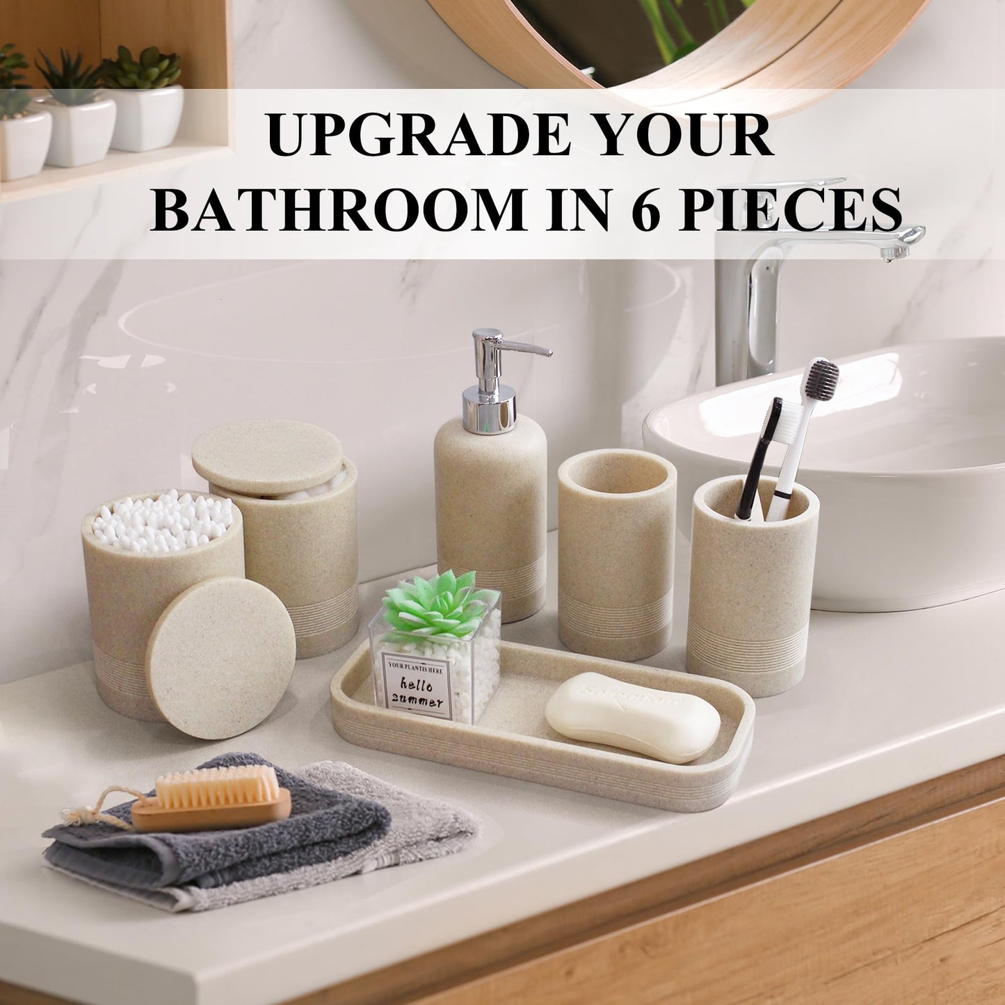 LIN CHUAN 6-Piece Bathroom Accessories Set, Bathroom Accessory Set with Soap Dispenser, Toothbrush Holder Set, Vanity Tray, Tumbler & 2 Cotton Swab Jars, Modern Stylish Bathroom Organizer(Beige)