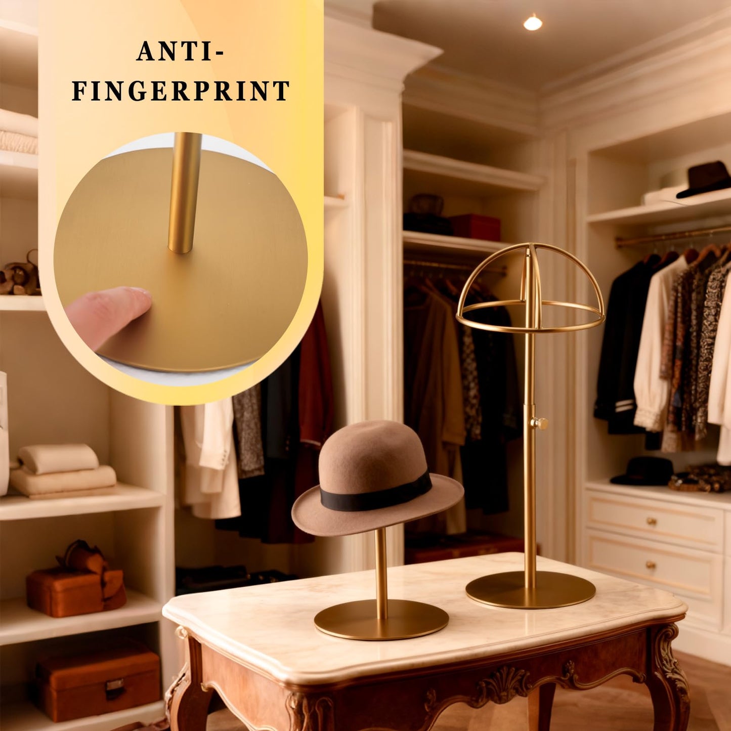 MCKECHSION Hat Display Stand 2PCS Stainless Steel Brushed Nickel Titanium Hat Stand Metal Golden Adjustable Height Cap Rack Showcase Fingerprint Resistant for Home Boutique Retail Store