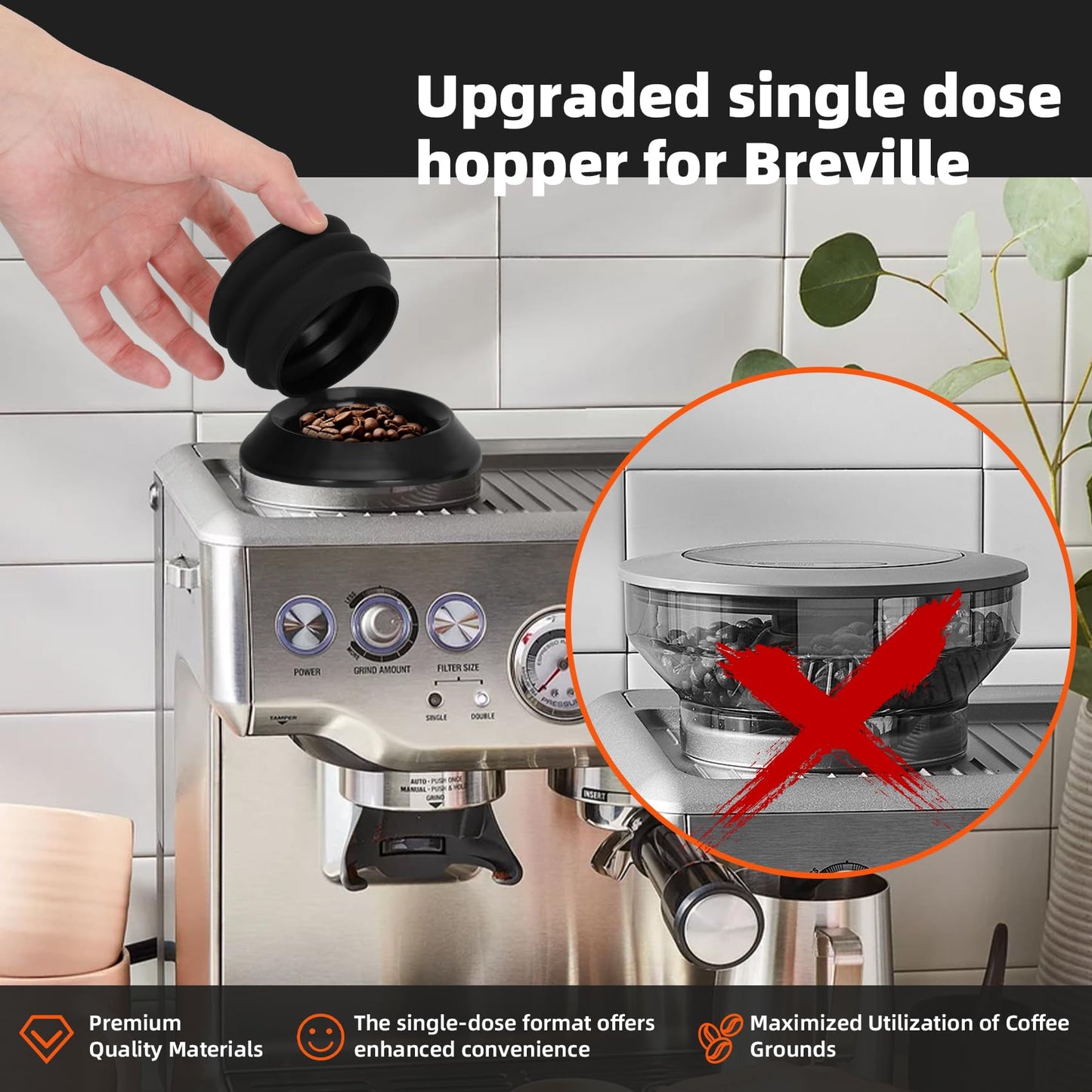 Single Dose Hopper for Breville, Single Dose Hopper with Silicone Bellows, Compatible with Breville Barista Express, Breville Barista Pro, Breville Barista Touch, and Impress