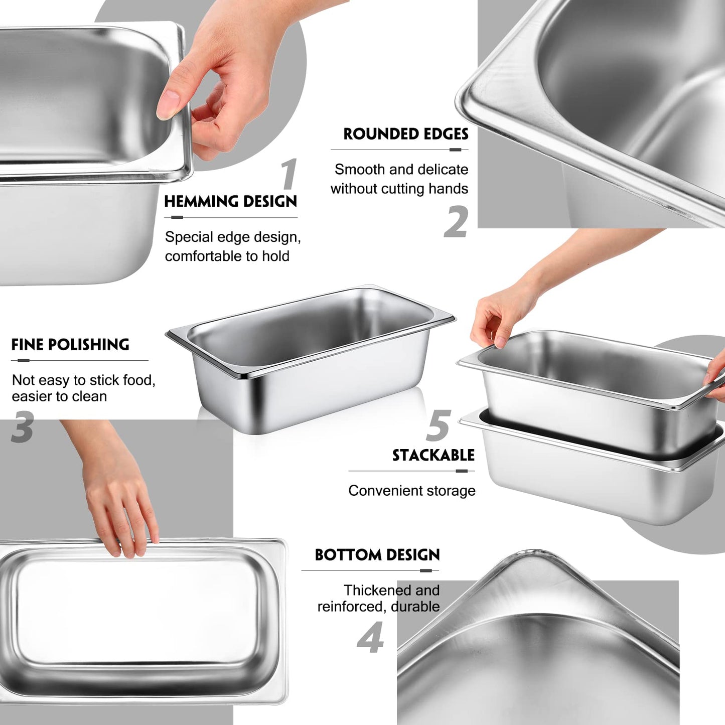10 Pack Hotel Pans Stainless Steel Steam Table Pan 1/3 Size, 0.8 mm Thick Anti Jam Warming Pans for Food Warmer Restaurant Catering Supplies, 12.8 x 6.9 Inch(4 Inch Deep,Standard)