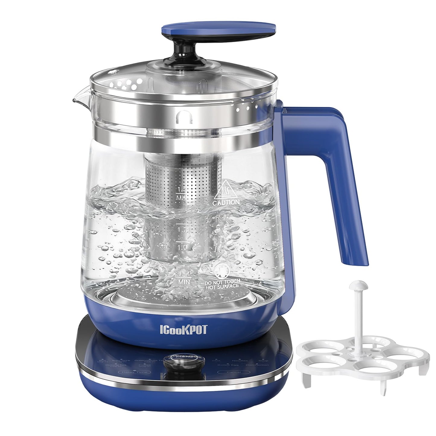 ICOOKPOT 1200w Electric Kettle, 1.5L Borosilicate Glass tea kettle, Hot water kettle electric for Coffee or Tea, BPA Free, Auto Shut-Off, Stainless Steel, Fast Boil, Blue