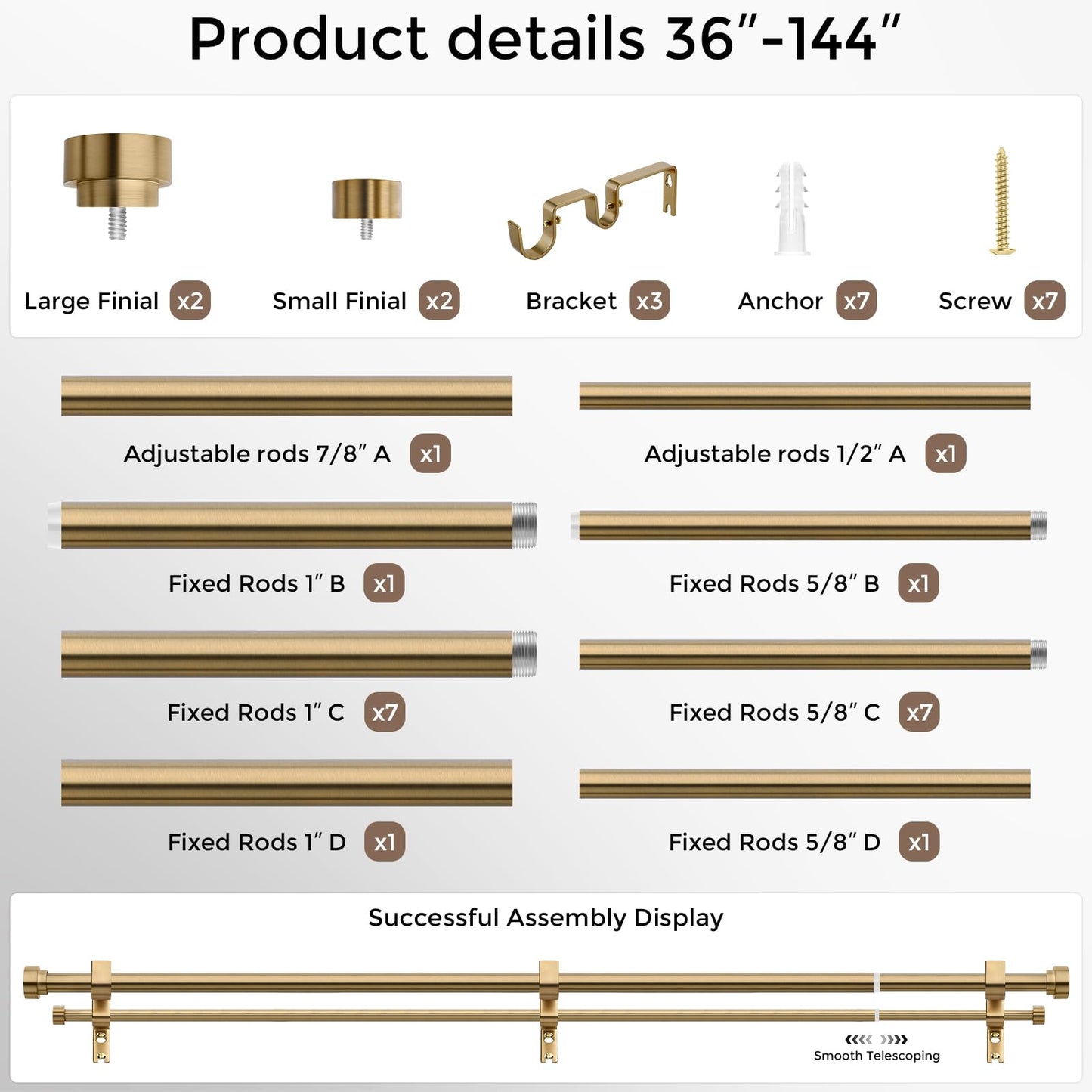 Wolistsa Brass Double Curtain Rod, Warm Gold Extra Long Dual Curtain Rods for Windows 72 to 144 Inch, 1 Inch Adjustable Heavy Duty Spliced Double Rod, Pro-Plating Process, Aluminium Finials