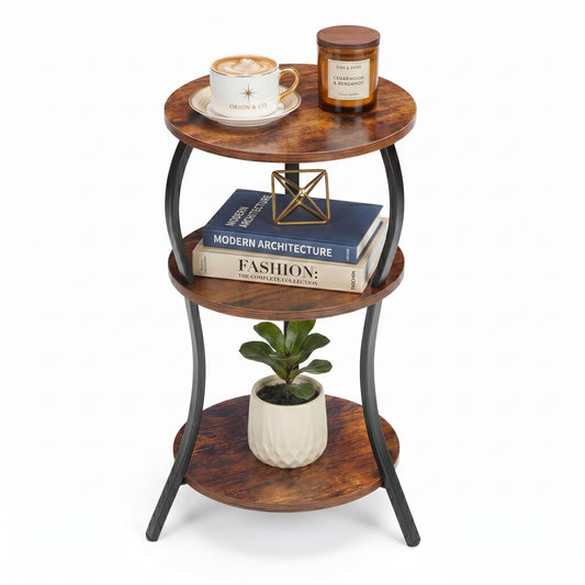 Vintage Small Round Side Table, 3-Tier Slim Waist Circular End Table with Storage Shelf, Compact Tea Sofa Table, Round Corner Coffee Table Nightstand for Living Room Bedroom Small Spaces,Rustic Brown