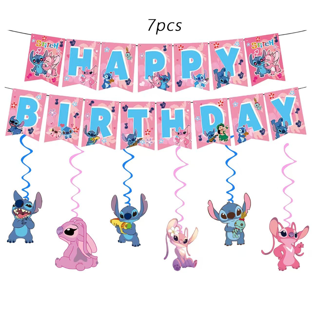 88Pcs pink Stitch Party supplies, including banners, plates, paper cups, tissues, pendant decorations, perfect for Stitch themed birthdays! Featuring cute pink stitching print