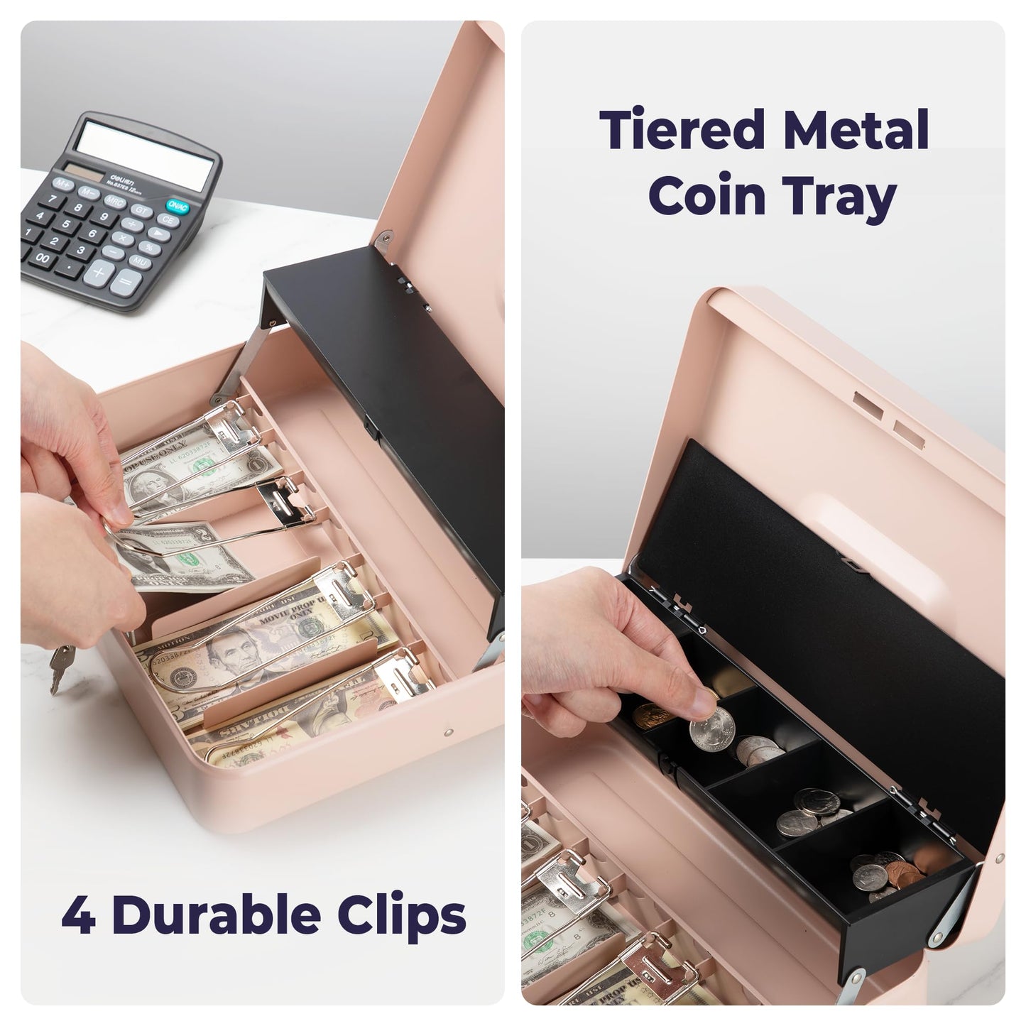 Volcora Large Cash Box with Key Lock, Metal Money Box for Cash, Portable Locking Safe Box with Money Tray, Durable Money Saving Organizer for Yard Sale, Garage Sale, Small Business, Rose Gold