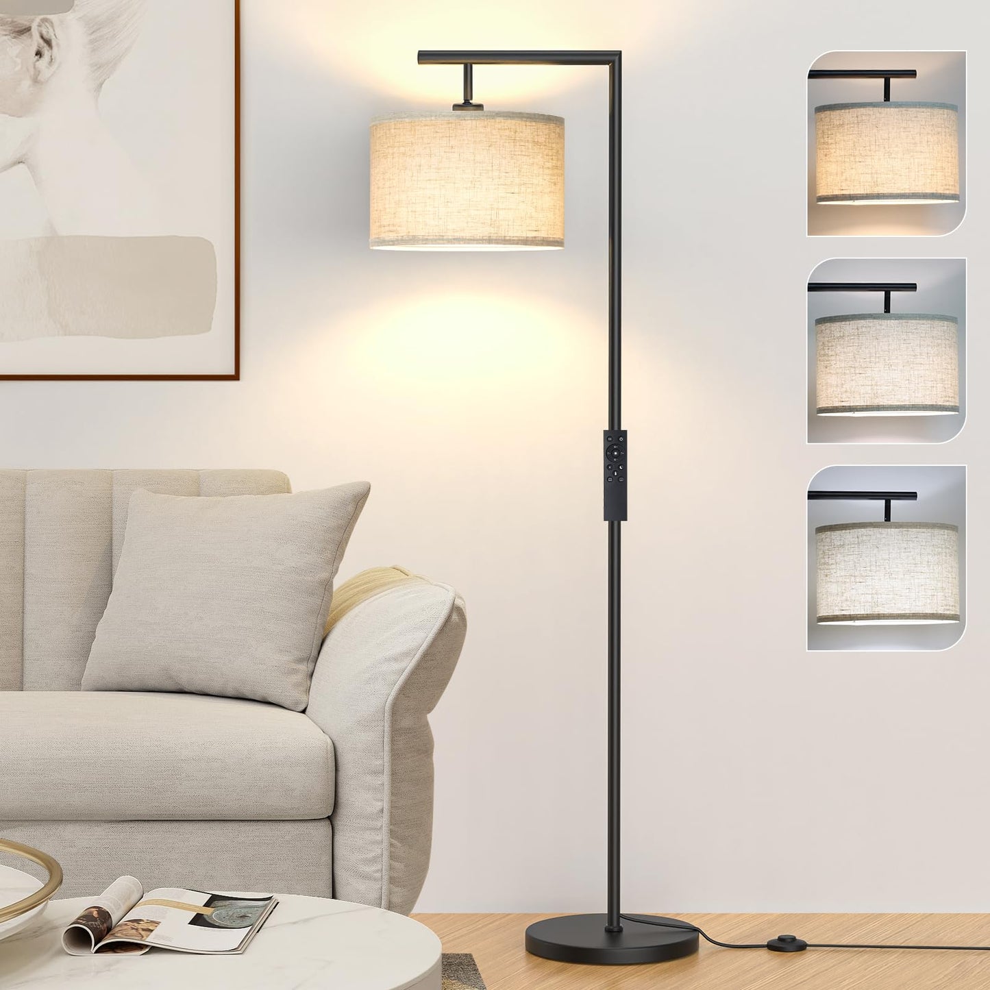 CNXIN Floor Lamps with Remote Control and Stepless Dimmable Color Temperature and Brightness Standing Lamp with Adjustable Beige Linen Lampshade Pole Lamp for Bedroom Office, 9W Bulb Included, Black