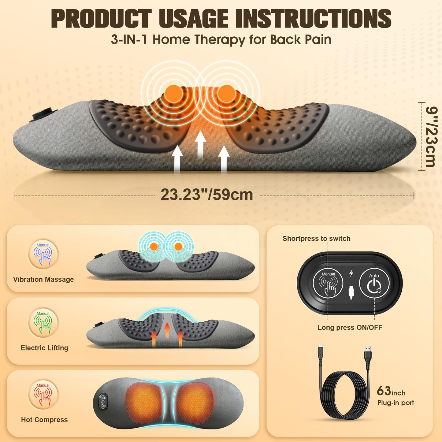 3-in-1 Electric Lumbar Support Pillow,Triple Fusion Back Massager with Heat,Vibration&Traction,Back Support Pillow for Bed and Chair,Lumbar Support Pillow for Lower Back Pain Relief&Spine Support-Gray
