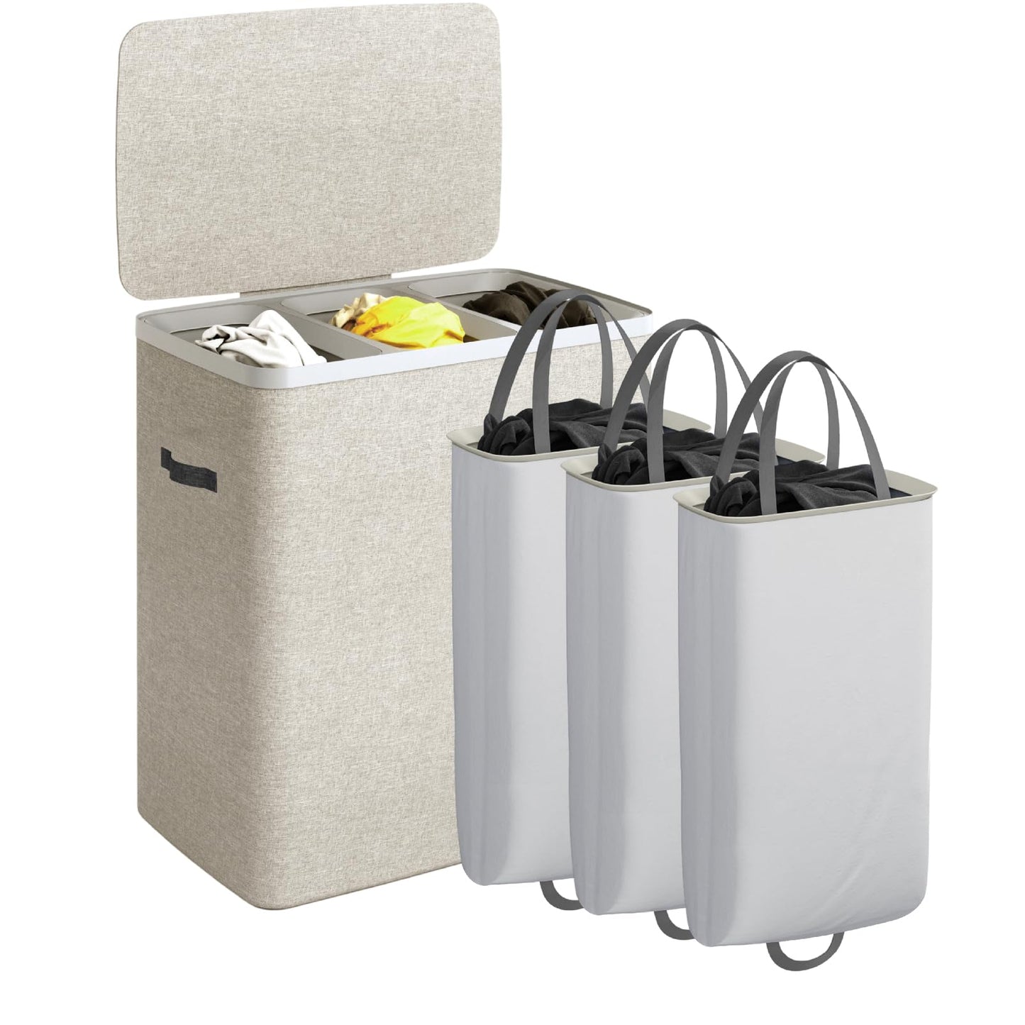 CASAMAYA Laundry Basket with Lid, Laundry Hamper 3 Section, 190L collapsible Laundry Organizer, Easy Assembly, with Handles and Removable Liners, 25.2 x 15.7 x 29.5 Inches, Beige JSP904M