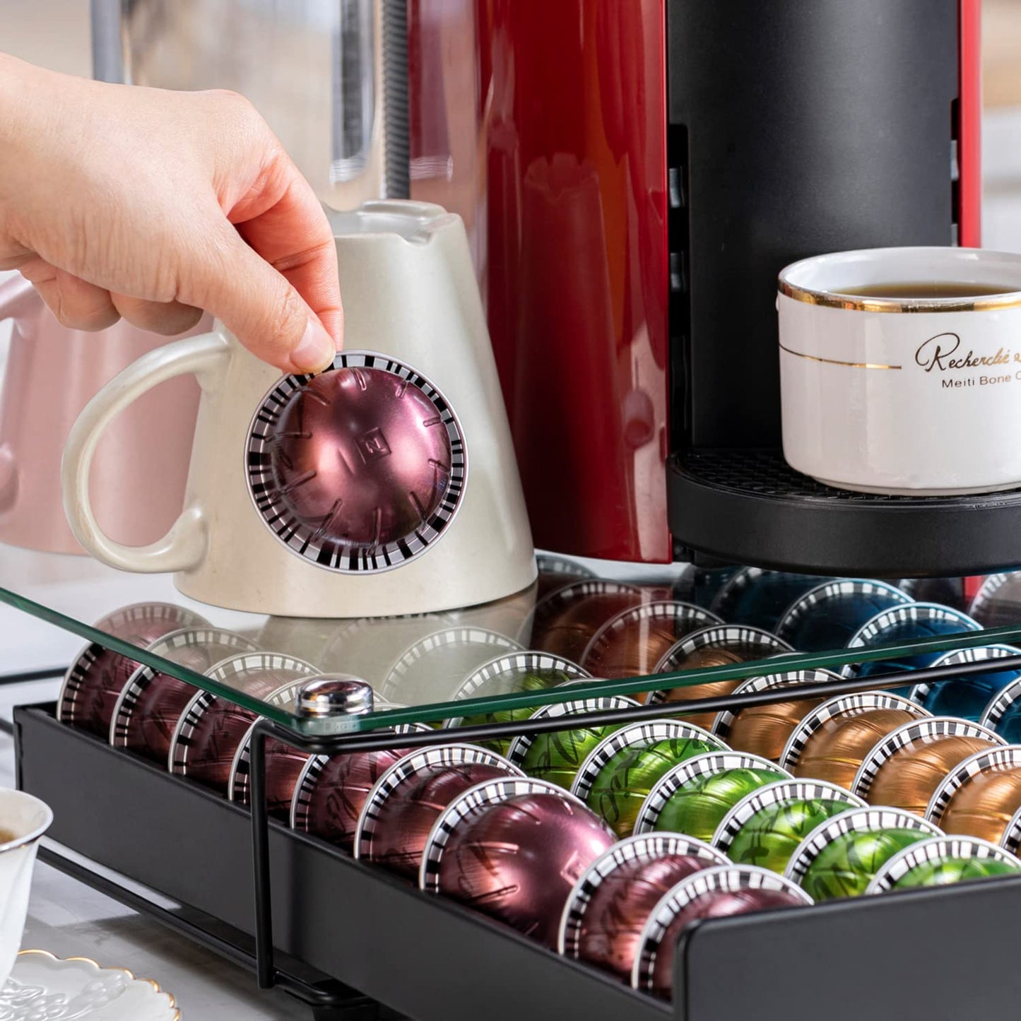 FlagShip for Vertuo Pod Holder Coffee Pod Organizer for Nespresso Pod Storage Glass Top(50 Pods Capacity)