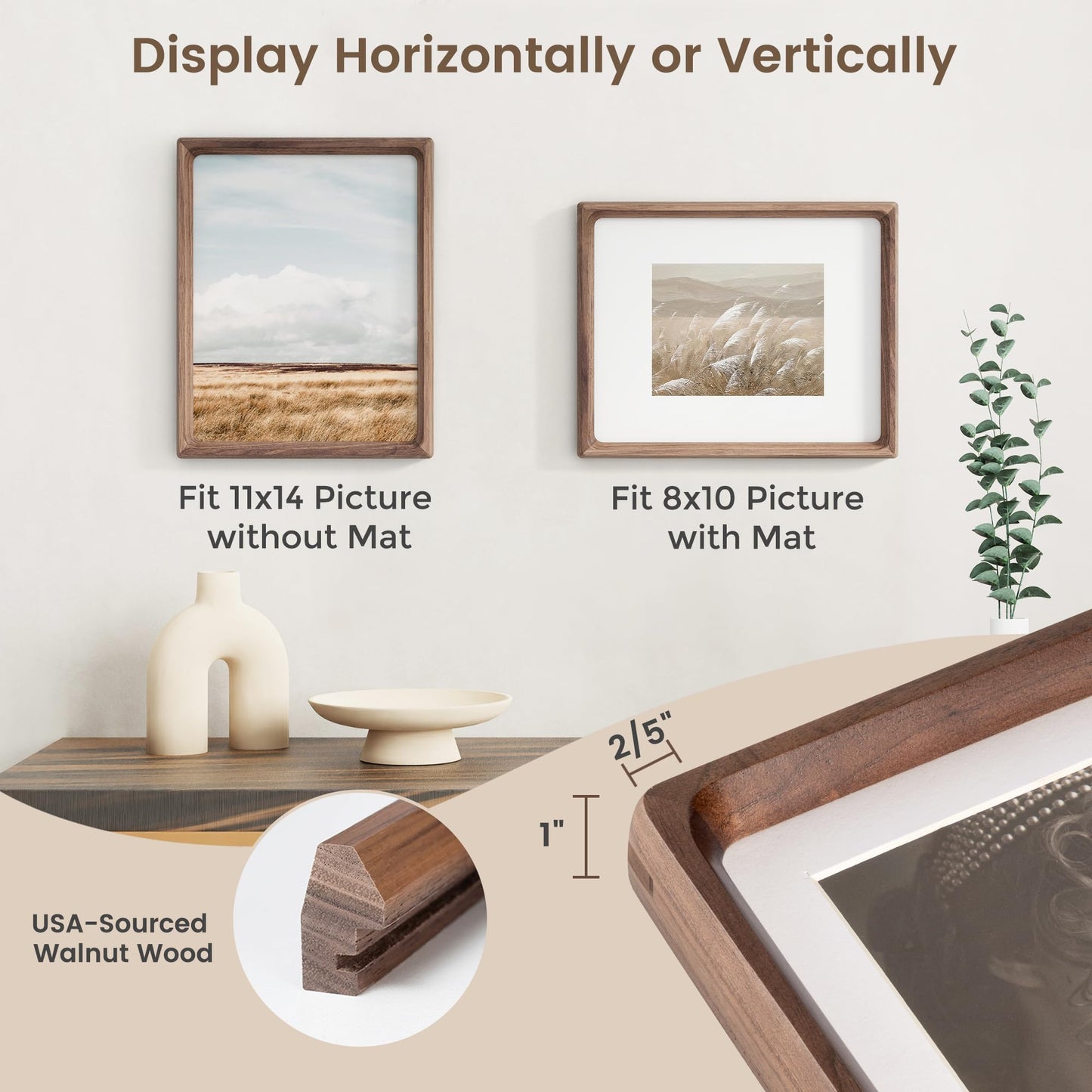 11x14 Picture Frame, USA-Sourced Walnut Wood Photo Frames with HD Tempered Glass, Handcrafted Rounded Corner 11 x 14 Wooden Frame Matted to 8x10 Photos, Gallery Wall Frames for Posters & Art Prints