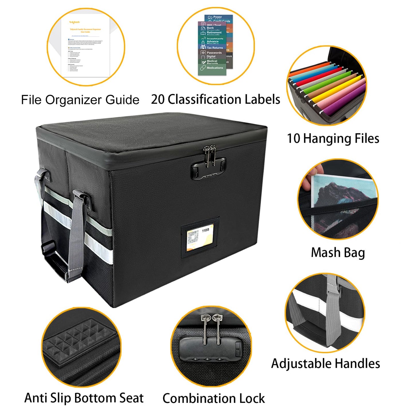 Large Next of Kin Box Organizer with Smart Labels, Fireproof Foldable File Organizer with Combination Lock, 10 Hanging Files and 20 Category Labels for Label Documents(15.7"L×12.2"W×10.6"H)