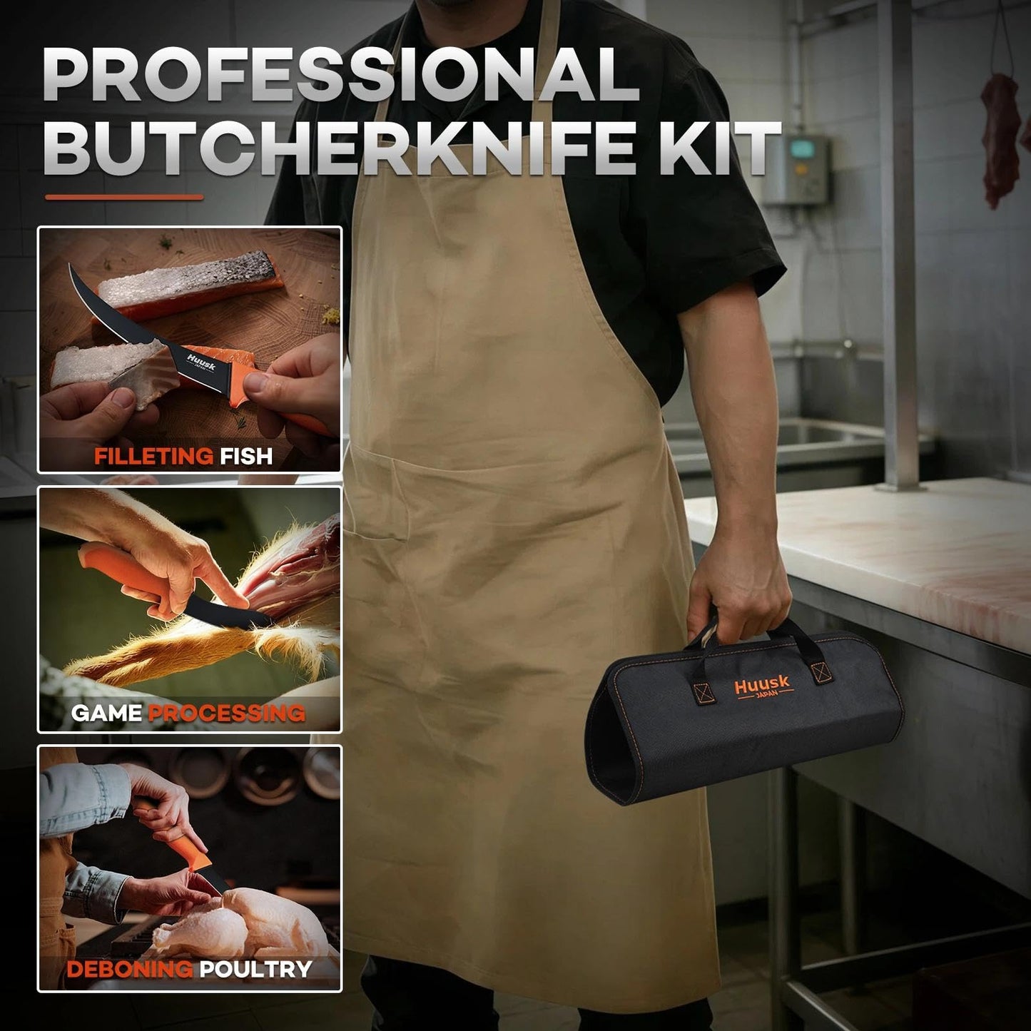 Huusk 5pcs Butcher Knife Set - Professional Meat Processing Kit with Non-Slip Orange Handle, German Stainless Steel Granton Butcher, Skinning, Curved Boning, Caping Knife with Roll Bag Gift for Men