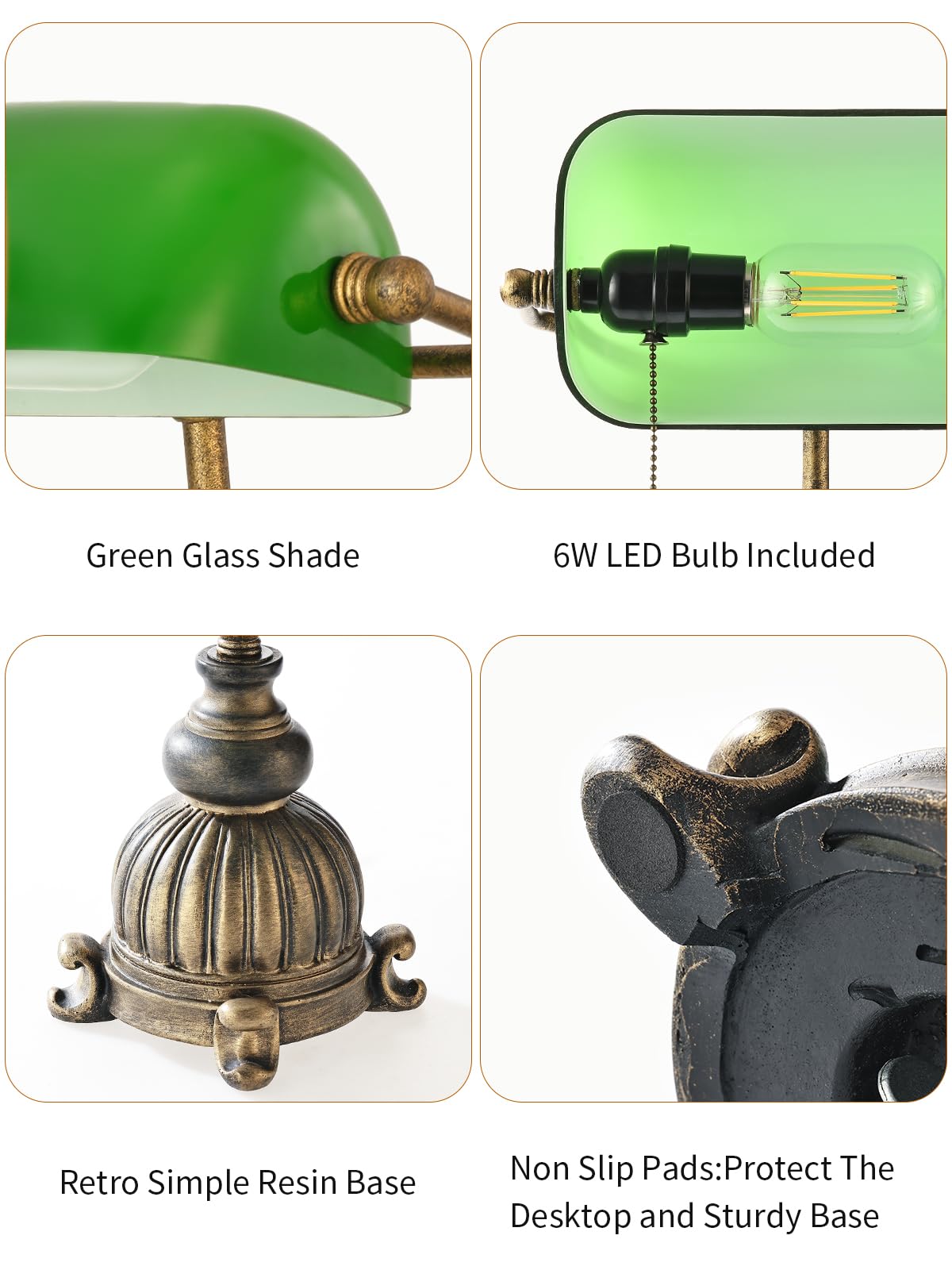 Newrays Retro Green Glass Bankers Desk Lamp for Home Office,Library with Pull Chain Switch Plug in Fixture, LED Bulb Included