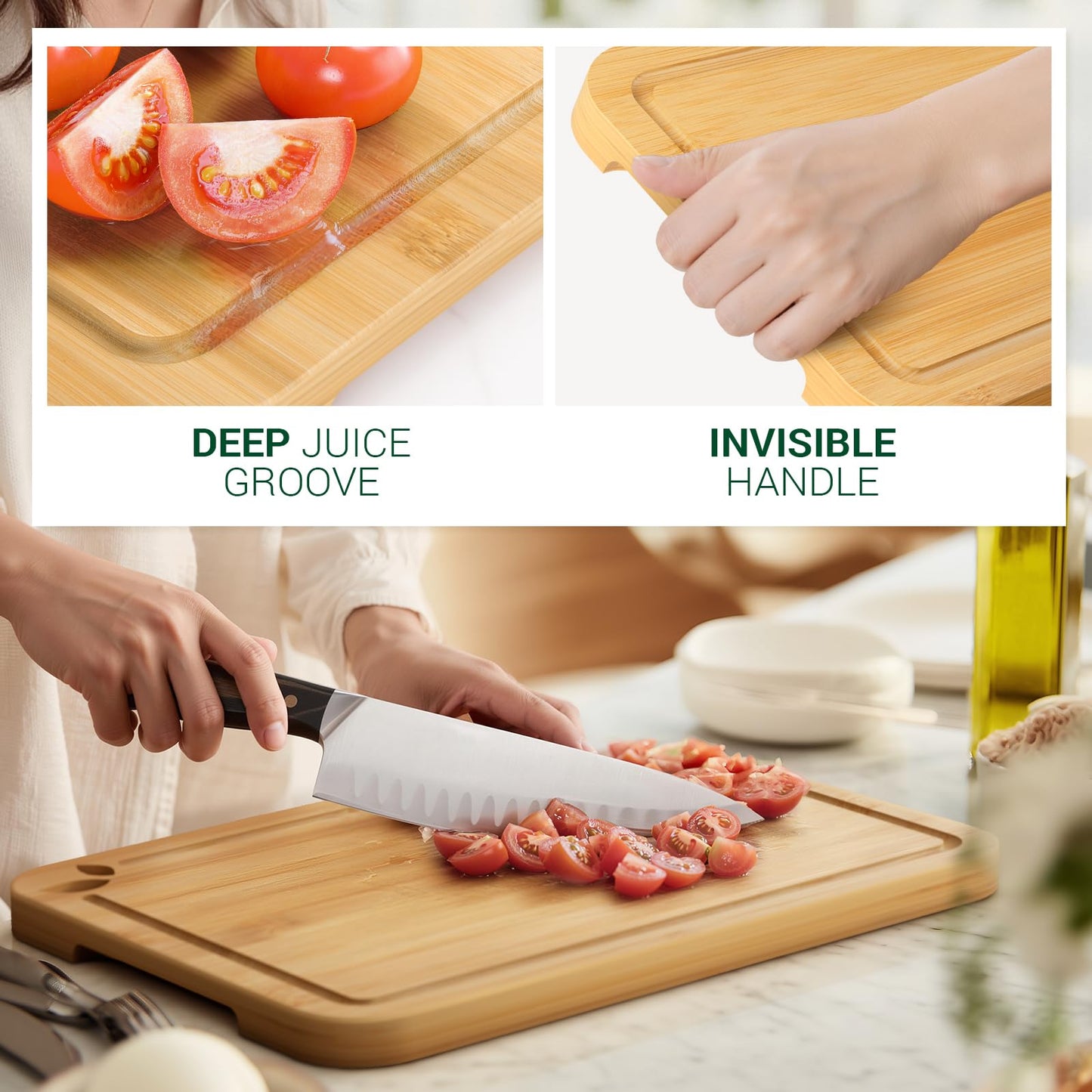 Toolola Bamboo Cutting Boards for Kitchen with Holder & Silicone Mat, Lightweight & Knife-Friendly Wood Cutting Board Set with Side Handles and Juice Grooves, Natural