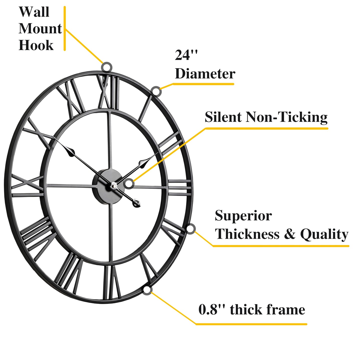 CLXEAST Silent 24 Inch Wall Clocks for Living Room Decor, Large Black Metal Roman Numeral Wall Clocks for Modern Farmhouse Home Decor,House Warming Gifts New Home