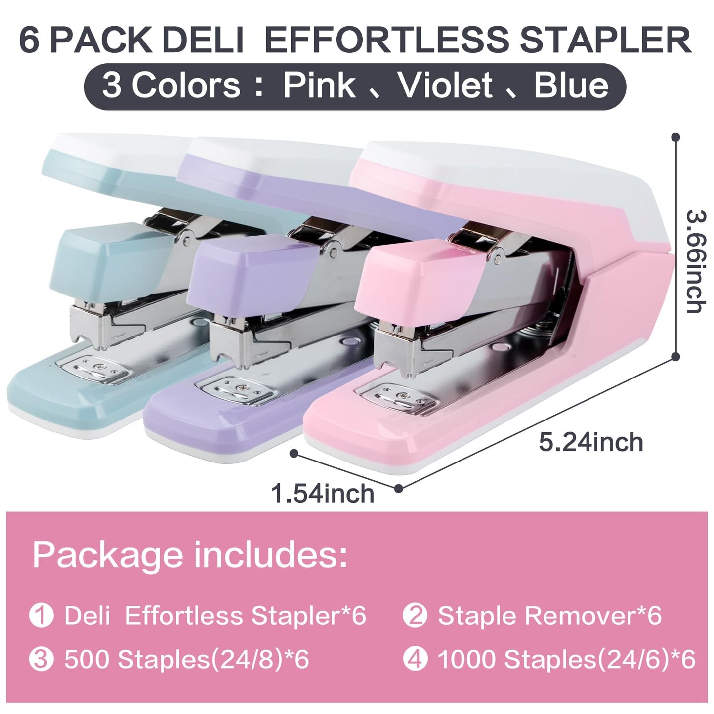 Deli Stapler, Effortless Staplers for Desk, 40-50 Sheet Capacity Heavy Duty, One Touch, No Effort, Easy to Load, with 1500 Staples & Staple Remover, 6 Pack, 3 Colors