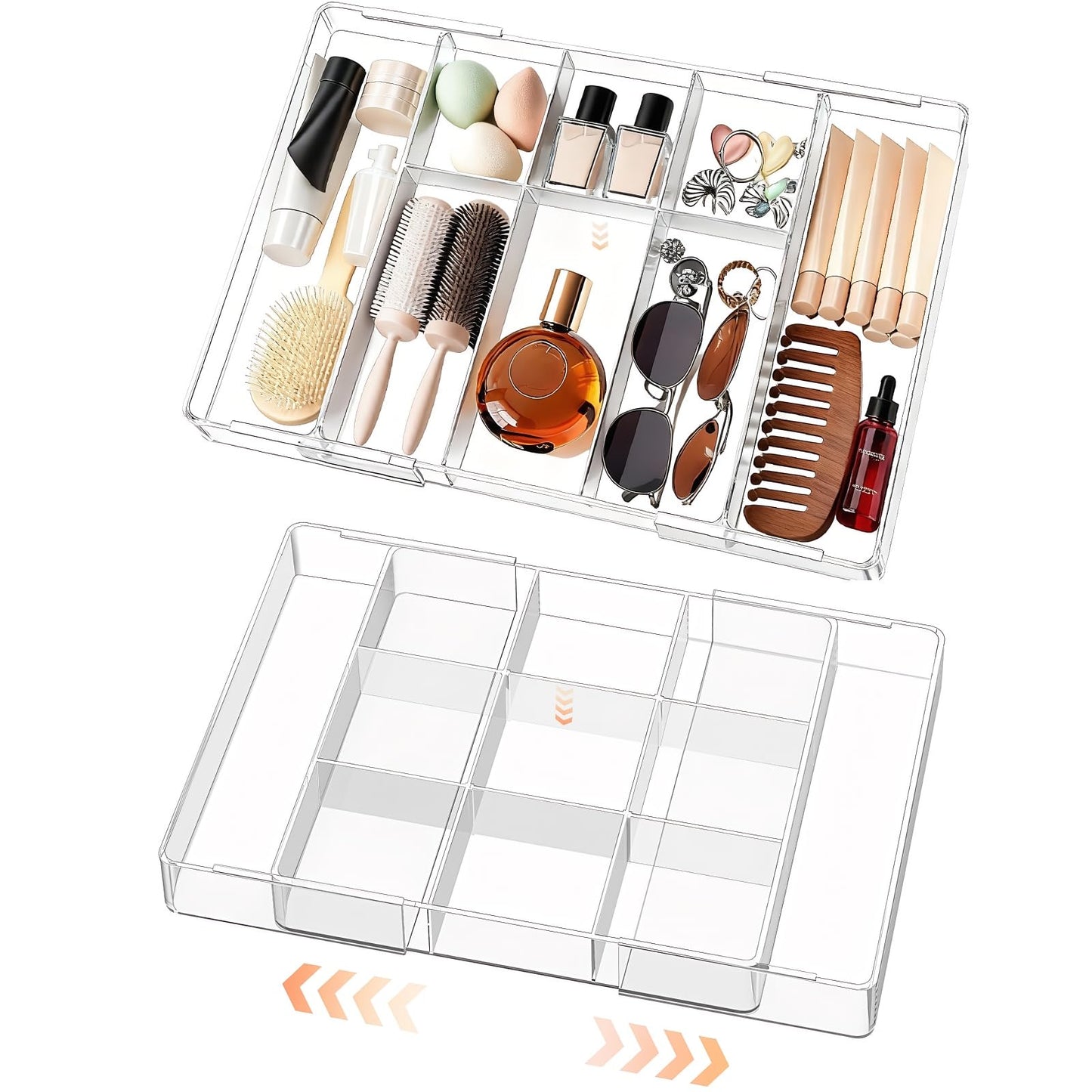 VDTEB Acrylic Expandable Desk Drawer Organizer with 11 Adjustable Compartments and 6 Removable Dividers Desk Accessories for Office Kitchen Bathroom Makeup and Utensil Junk Storage (Clear, 2Pcs)