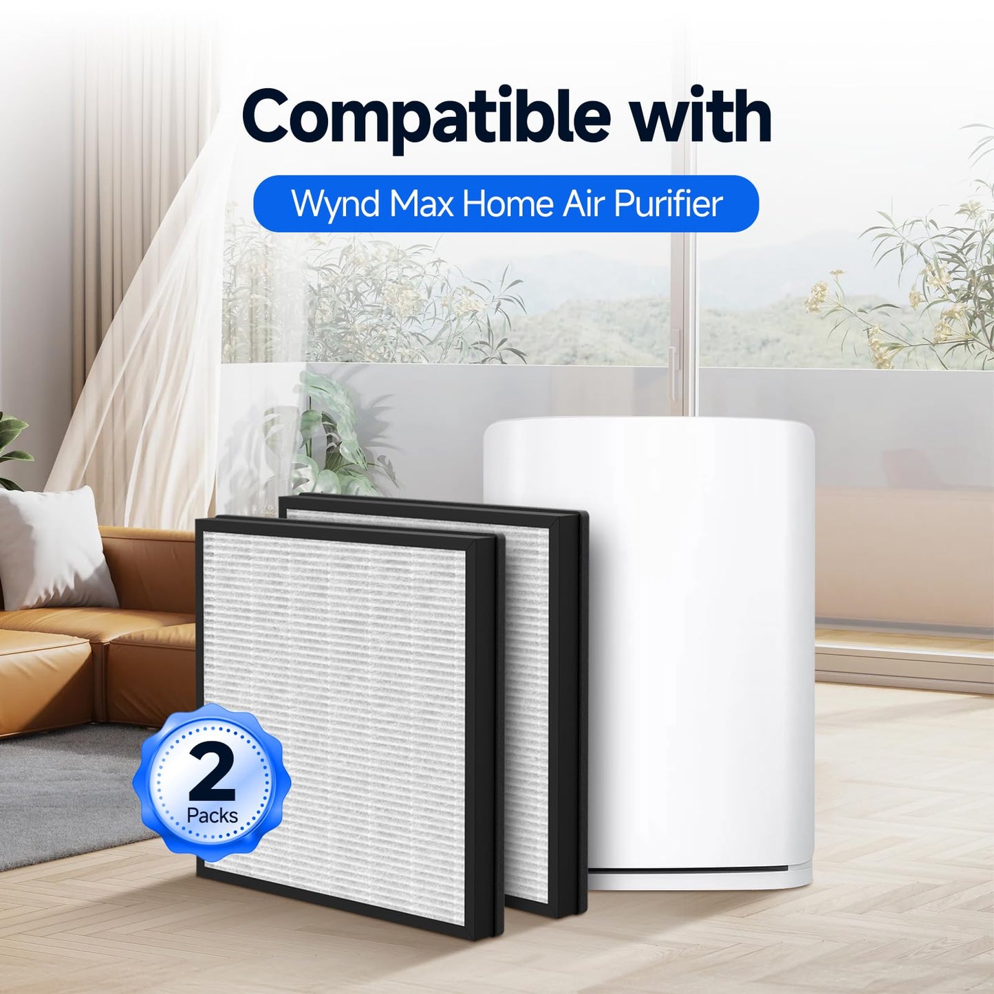 Harebery 2 Pack Max V-Series Replacement Filter Compatible with Wynd Max Home Air Puri-fier, 3-in-1 Filter, Model HMEPURV01