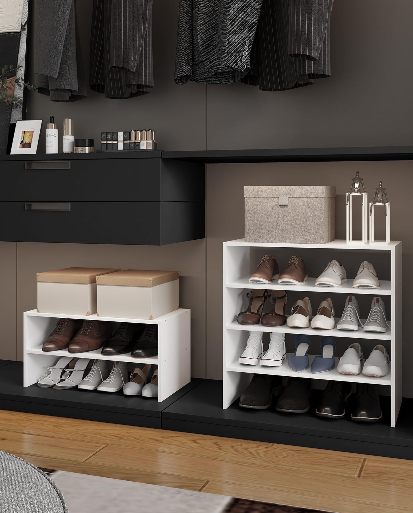 LOWOSA 2-Tier Stackable White Shoe Rack, Wooden 2-Shelf Shoe Organizer Freestanding Shoe Storage Stand for 6-9 Pairs, Perfect for Closet, Entryway, Office Use - Modern White