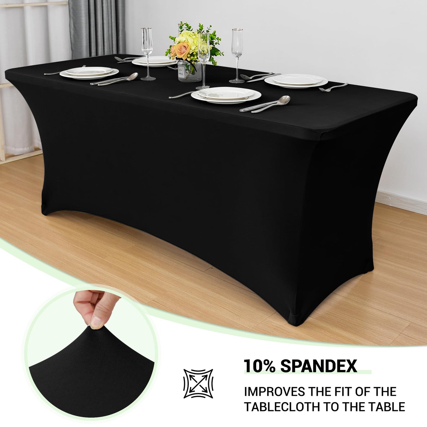 Obstal 8ft Stretch Spandex Table Cover for Standard Folding Tables - 2 Pack Universal Rectangular Fitted Tablecloth Protector for Wedding, Banquet and Party, Black