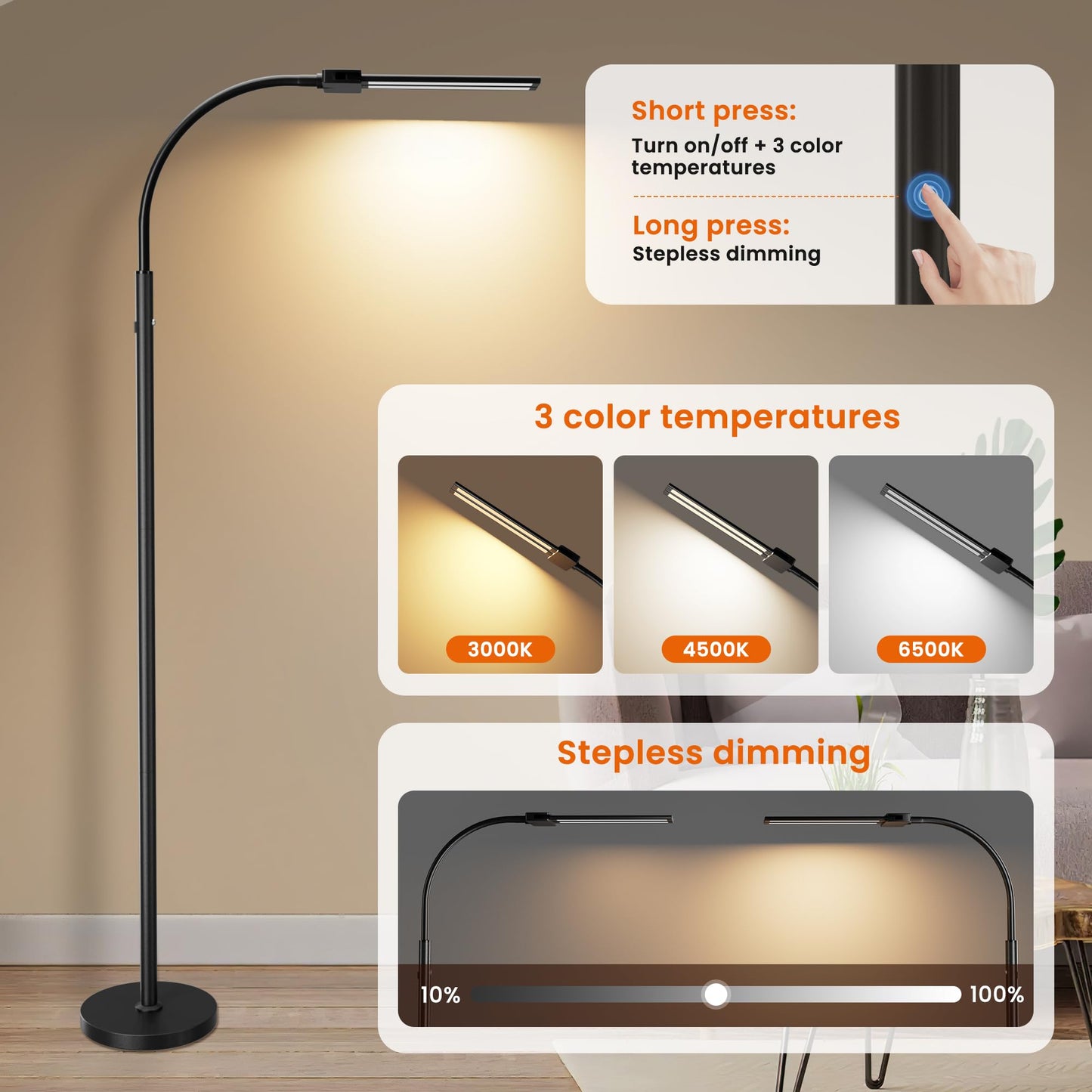 Cordless Floor Lamp Rechargeable LED - Battery Operated 8000mAh, Dual Head Gooseneck Reading Light with Touch Control, IP54 Waterproof Portable Floor Lamp for Living Room Bedroom Outdoor Emergency