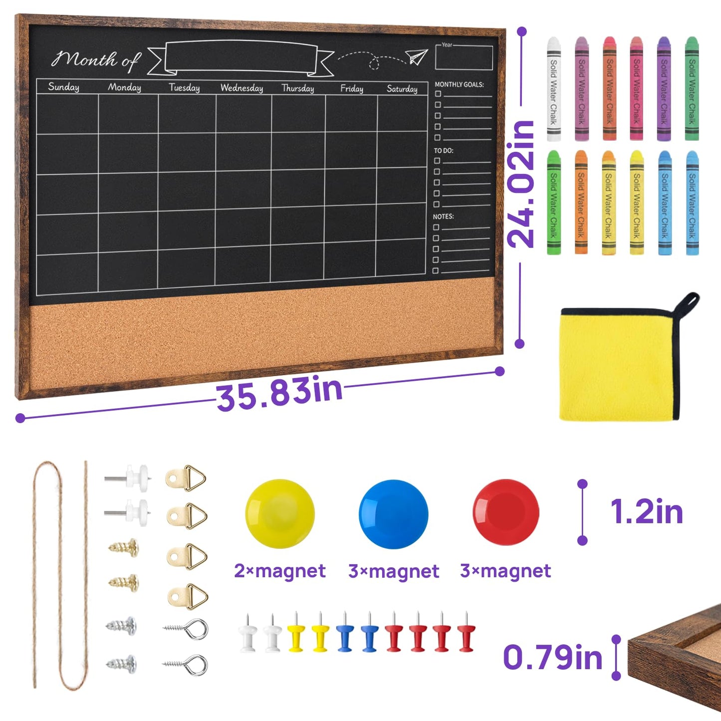 JEFURE Magnetic Chalkboard Calendar 24x36 Inches, Framed Chalk Board for Wall Organization, Planning/School Timetable/Memo, Hanging Magnetic Surface for Office, School, Home