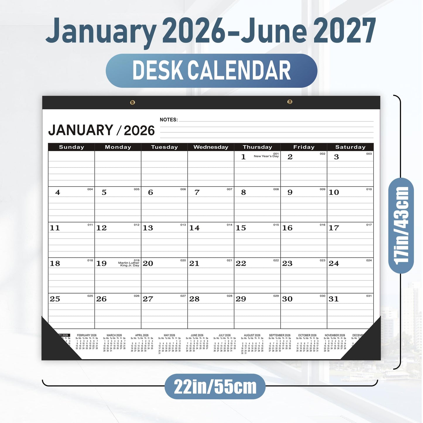 Desk Calendar 2026-2027,July 2026 to December 2027,Desk calendar 2026-2027 Large 22x17, Classroom Calendar 2027 with PVC Cover,Round Holes& NOTES List (Black),18 Months Calender 2027