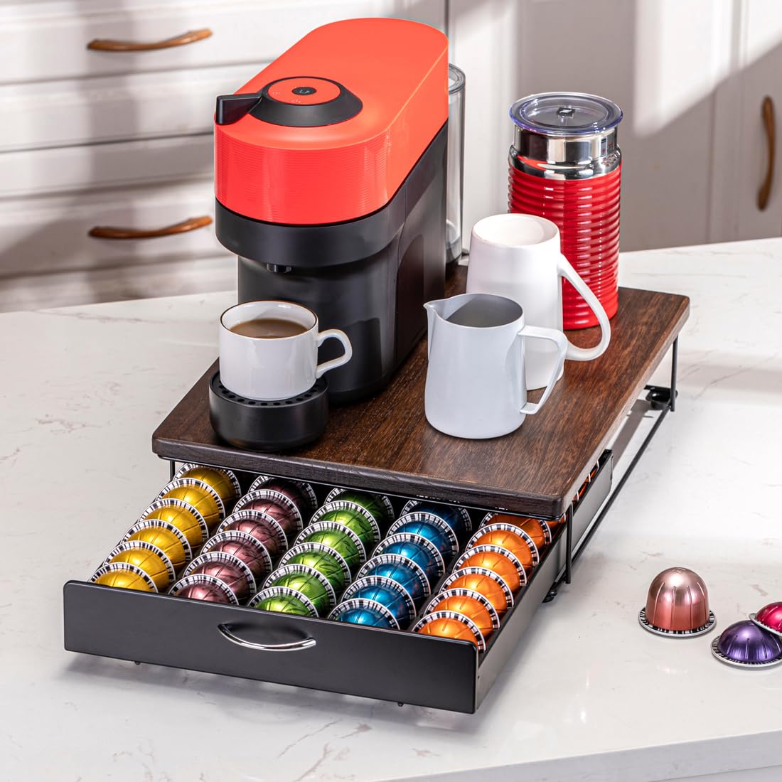 FlagShip for Nespresso Pod Holder Vertuo Pod Drawer Coffee Pod Storage for Vertuo Pod with Elegant Wood Top(50 Pods Capacity)