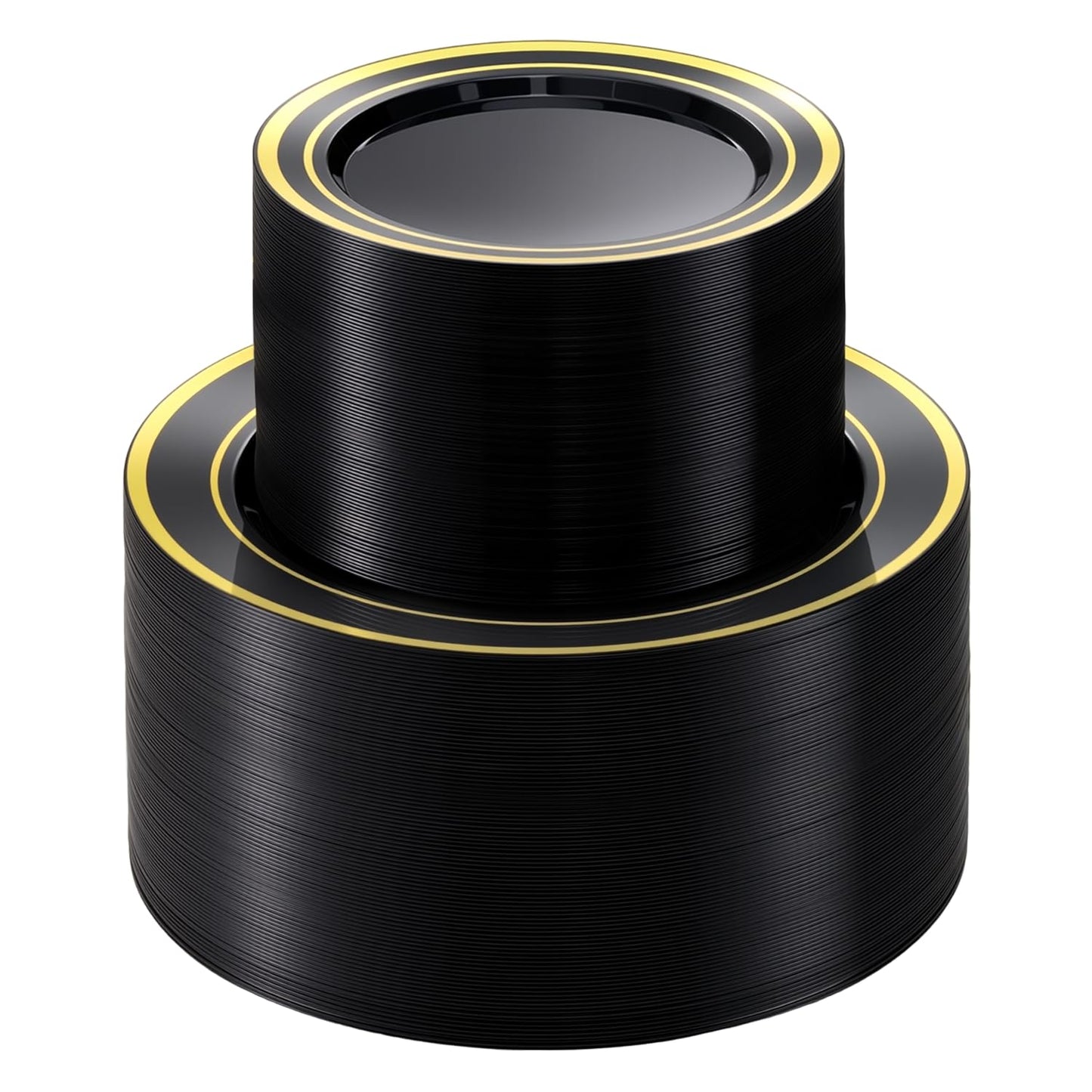 BESTVIP 200PCS Black Plastic Plate with Gold Rim, Disposable Party Plates with 100 Dinner Plates and 100 Dessert Plates, Plastic Plates for Party, Wedding and Birthday