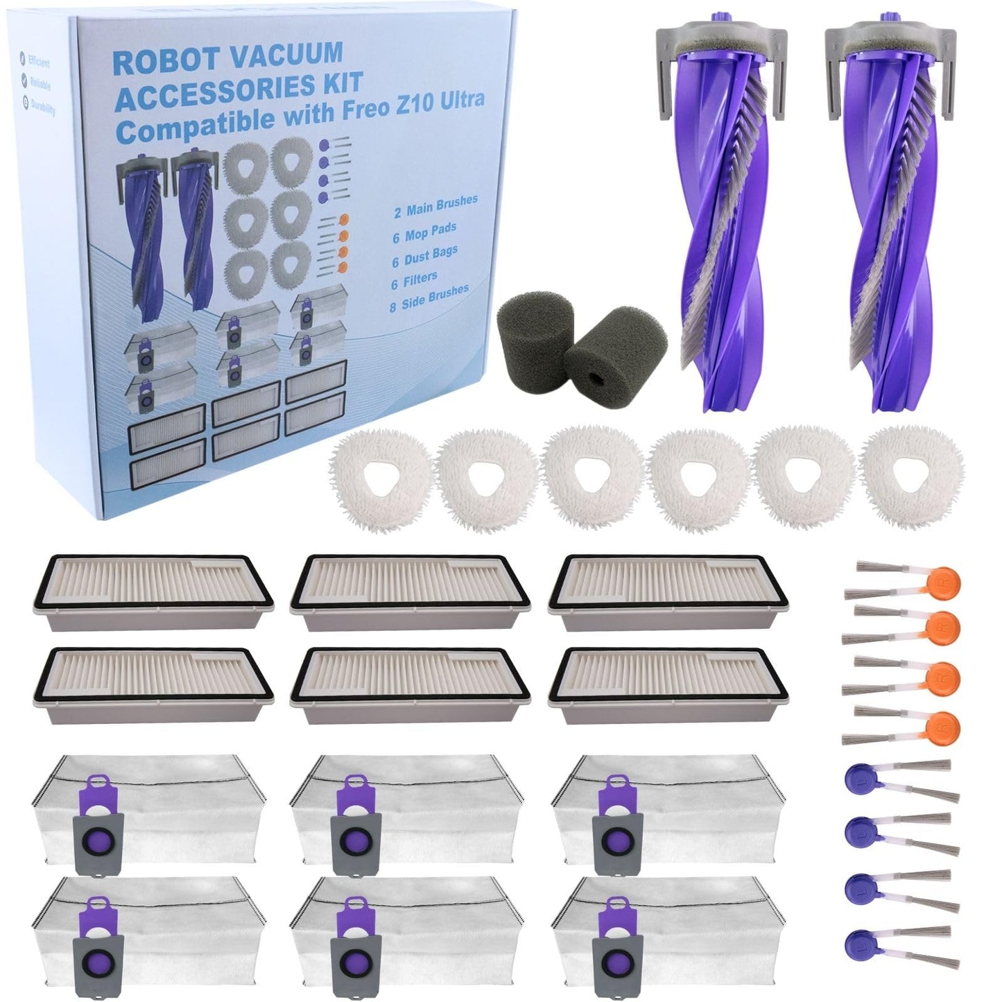 Replacement Accessories Parts Kit Compatible with Narwal Freo Z10 Ultra/Freo Z10 - Includes 6 Dust Bags, 6 Mop Pads, 6 Filters, 8 Side Brushes, 2 Rubber Main Brushes, 2 Water Tank Filter Sponge