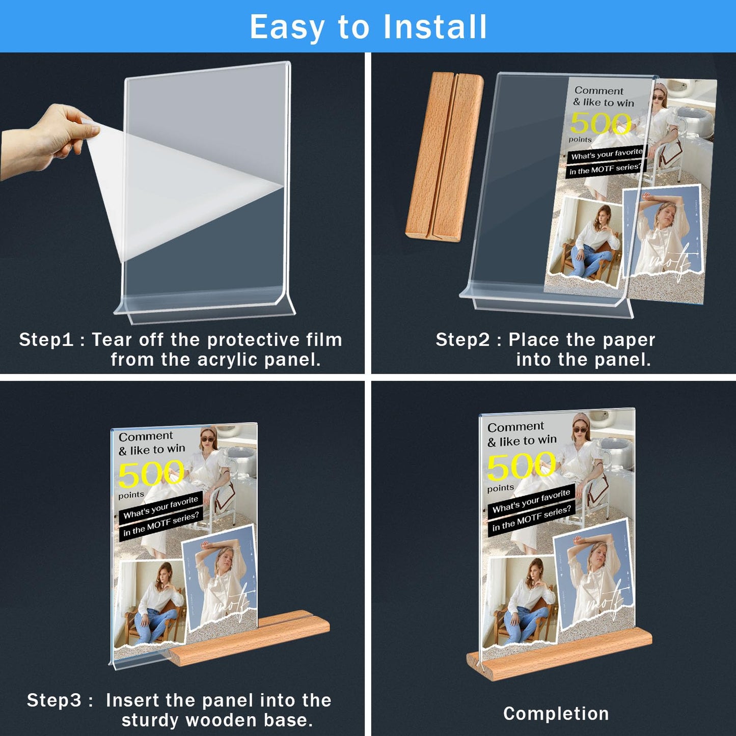 Kersally Acrylic Sign Holder 11 x 8.5'', 4 Pack Double-Sided Clear Table Display Stands with Wood Base,Horizontal Acrylic Frame Menu Flyer Paper Holder for Store, Restaurant, Hotel, Office, Show Fair
