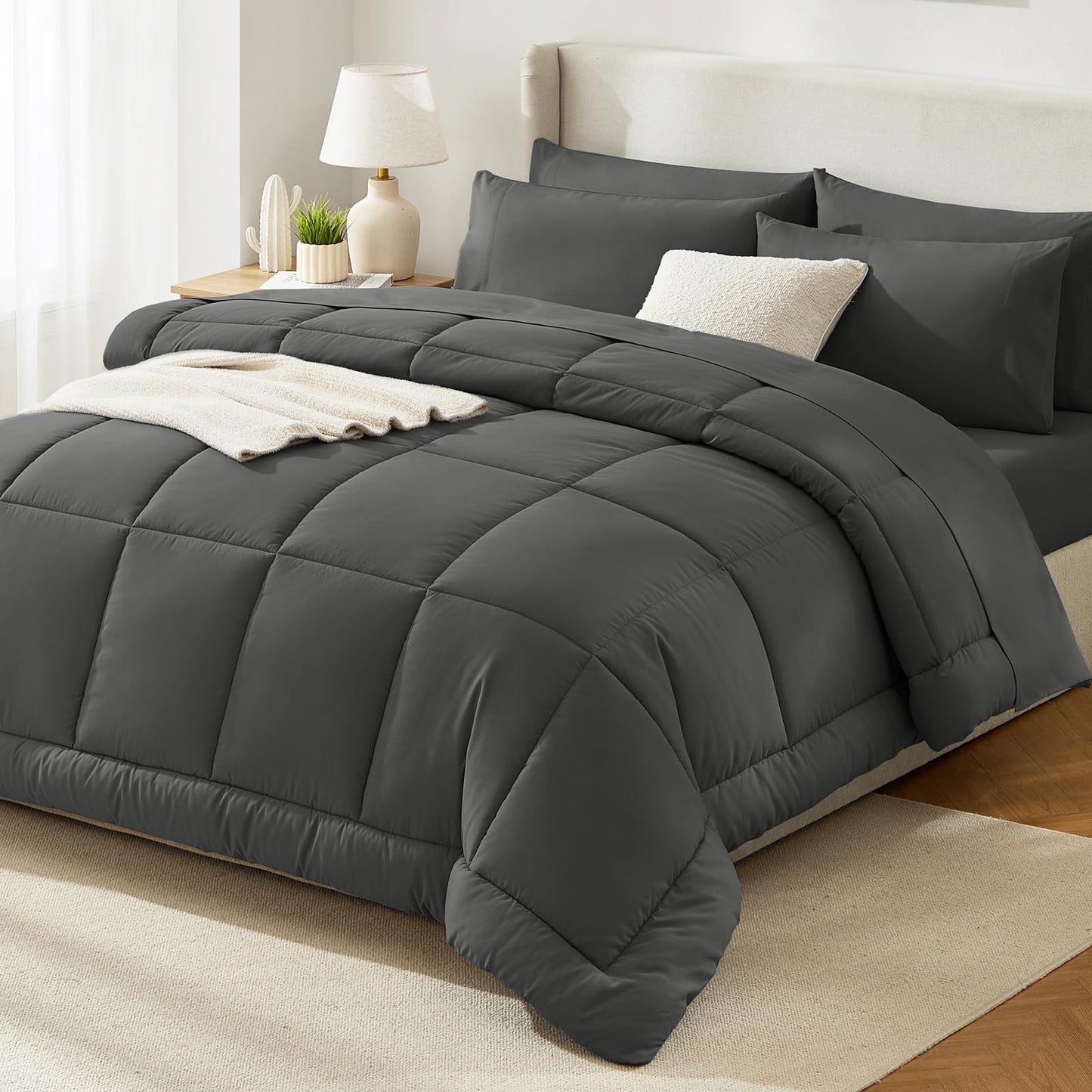 HIMEET Queen Comforter Set Dark Grey, Luxury Soft Bed in a Bag, Fluffy Dark Gray Bed Set Queen Size 7 Pieces, All Seasons Bedding Sets with Comforter, Flat Sheet, Fitted Sheet & Pillowcases