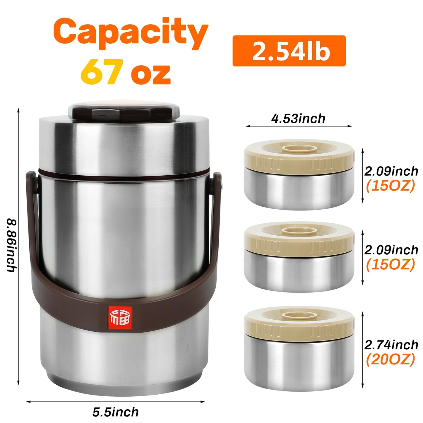 Spoilu Thermo for Hot Food & Soup 67 Oz, 3-Layer Sealed Stackable Insulated Food Container with Lunch Bag, Ideal for Daily Office Meals, School Lunches and Outdoor Dining