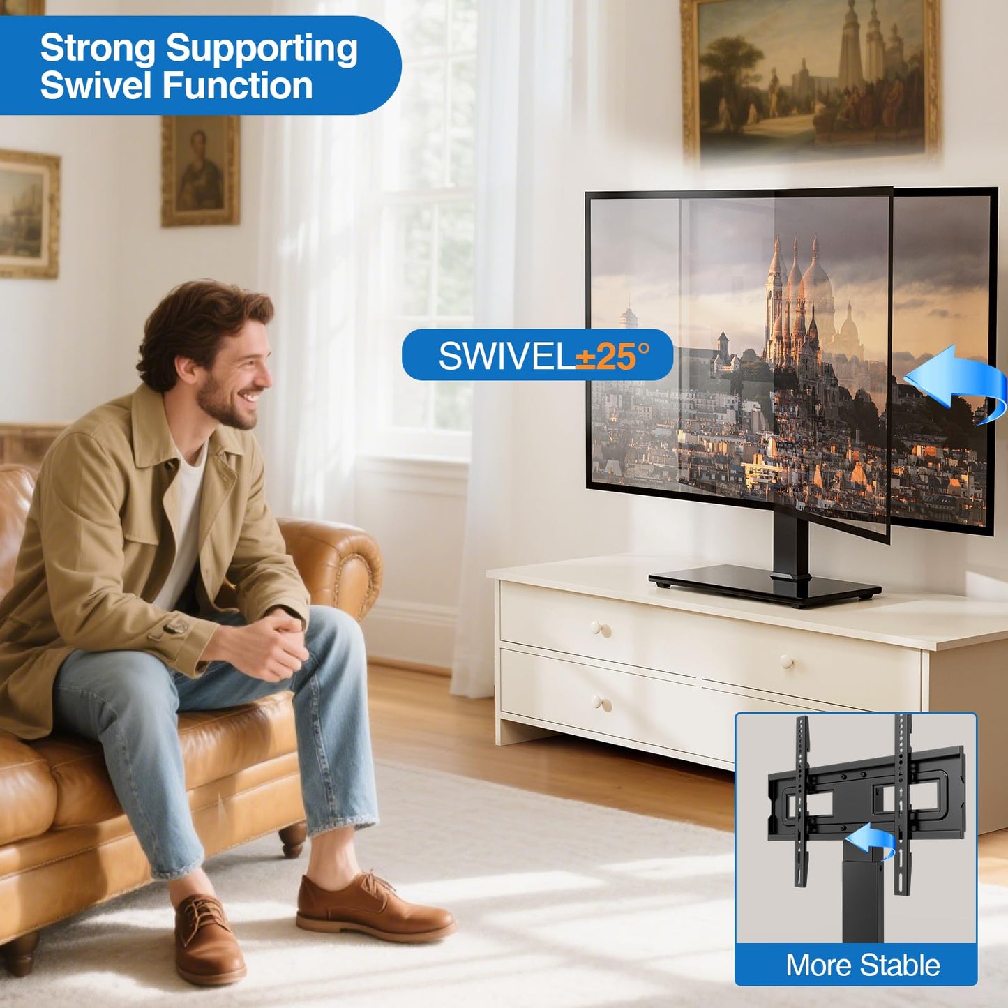 HOLMAXD Universal Swivel TV Stand Base for 32-75 Inch TVs, Height Adjustable Table Top TV Stand with Tilt Mount, Holds up to 110 lbs, Heavy Duty Temper Glass Base, Max VESA 400x400mm