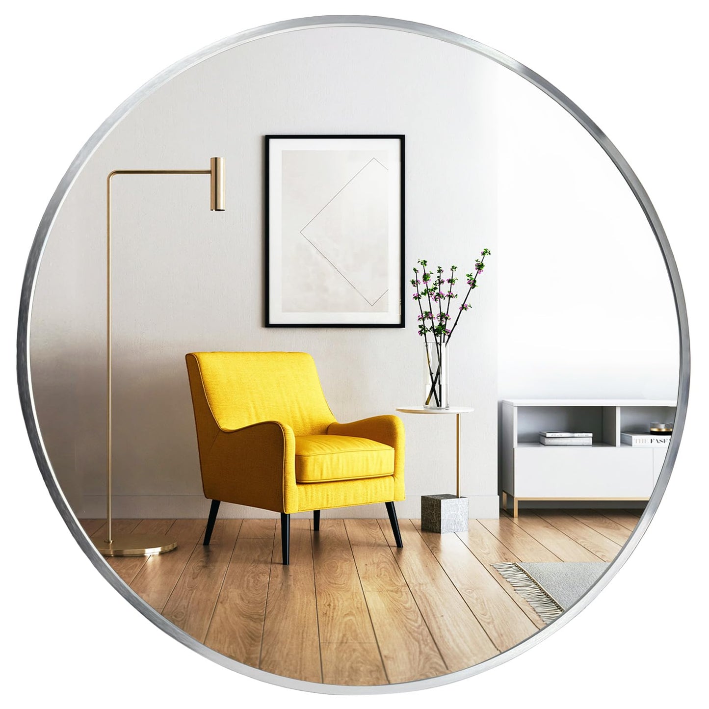 Oruii Silver Round Mirror, Round Mirror 24 inch Brushed Nickel, Circle Wall Mirrors Metal Frame, Silver Circular Mirrors for Bathroom, Wall, Living Room, Entryway, Hallway, Vanity, Rustic