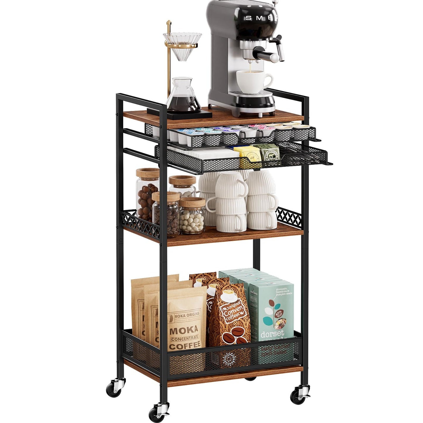 Plaviya K Cup Holder Coffee Cart, 5 Tier Coffee Station Organizer with Wheels, Coffee Pod Holder Coffee Bar Organizer Accessories, Multi-Functional Cart for Living Room, Kitchen, Breakfast Nook