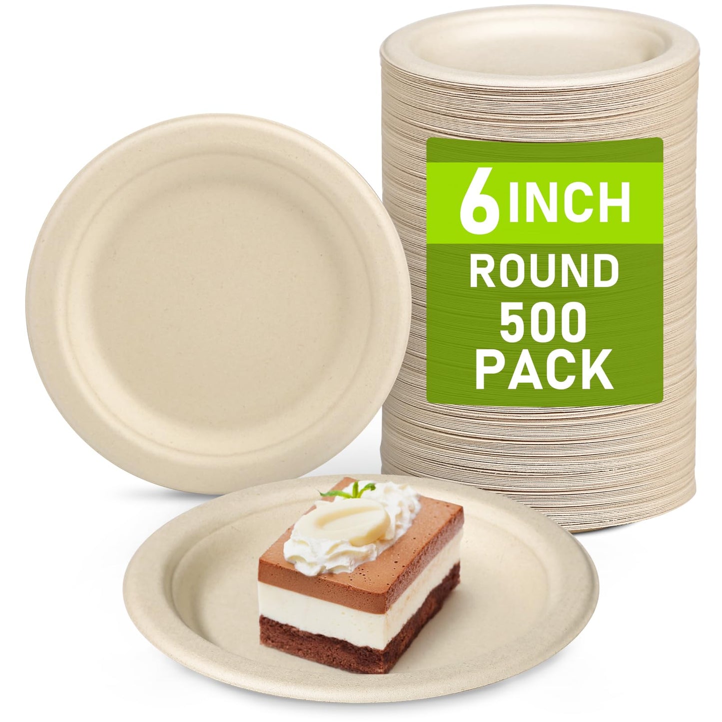 Uniecocus Paper Plates Bulk 500 Count, 100% 6 inch Small Compostable Biodegradable Dessert Disposable Plates