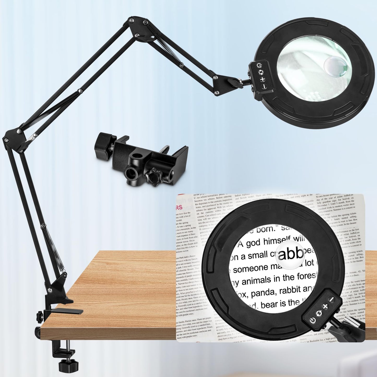 HITTI Ultra Long 12X & 30X Magnifying Glass with Light and Clamp, 5 Color Modes Steepless Dimming Desk Lamp, Swivel Arm Workbench Light, Hands Free Lighted Magnifier Stand for Craft Reading Hobby